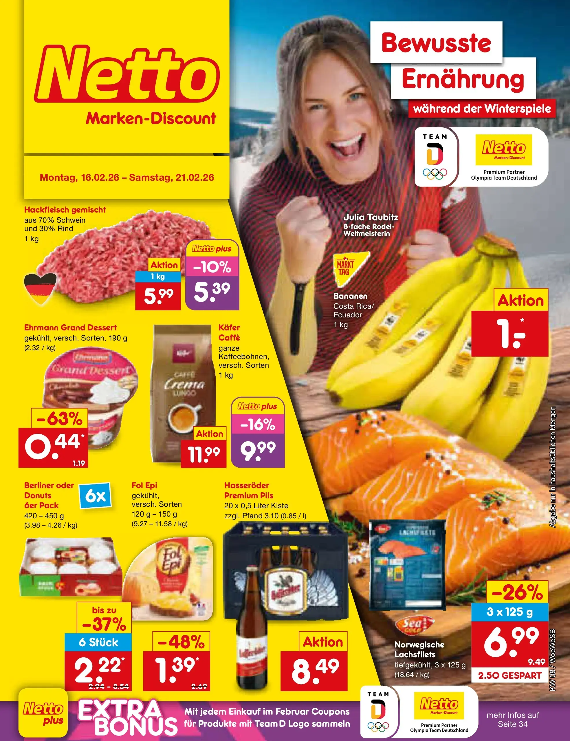 Netto Marken-Discount prospekt Katzweiler	 (ab 16.02.2026) » Angebote | Seite: 1 | Produkte: Berliner, Ehrmann grand dessert, Pils, Hackfleisch