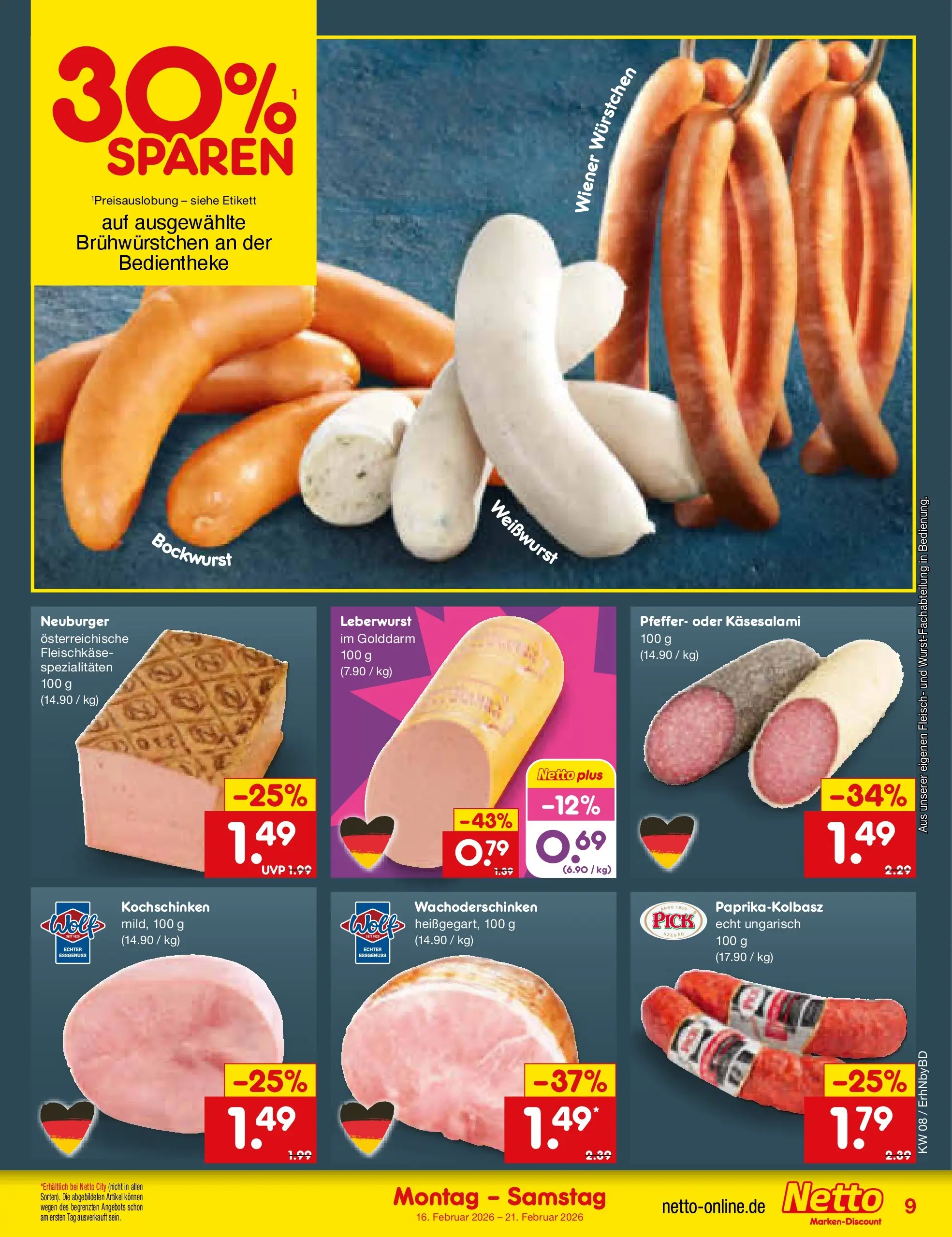 Netto Marken-Discount prospekt Ergolding	 (ab 16.02.2026) » Angebote | Seite: 9 | Produkte: Wiener wurstchen, Weißwurst, Pfeffer, Fleisch