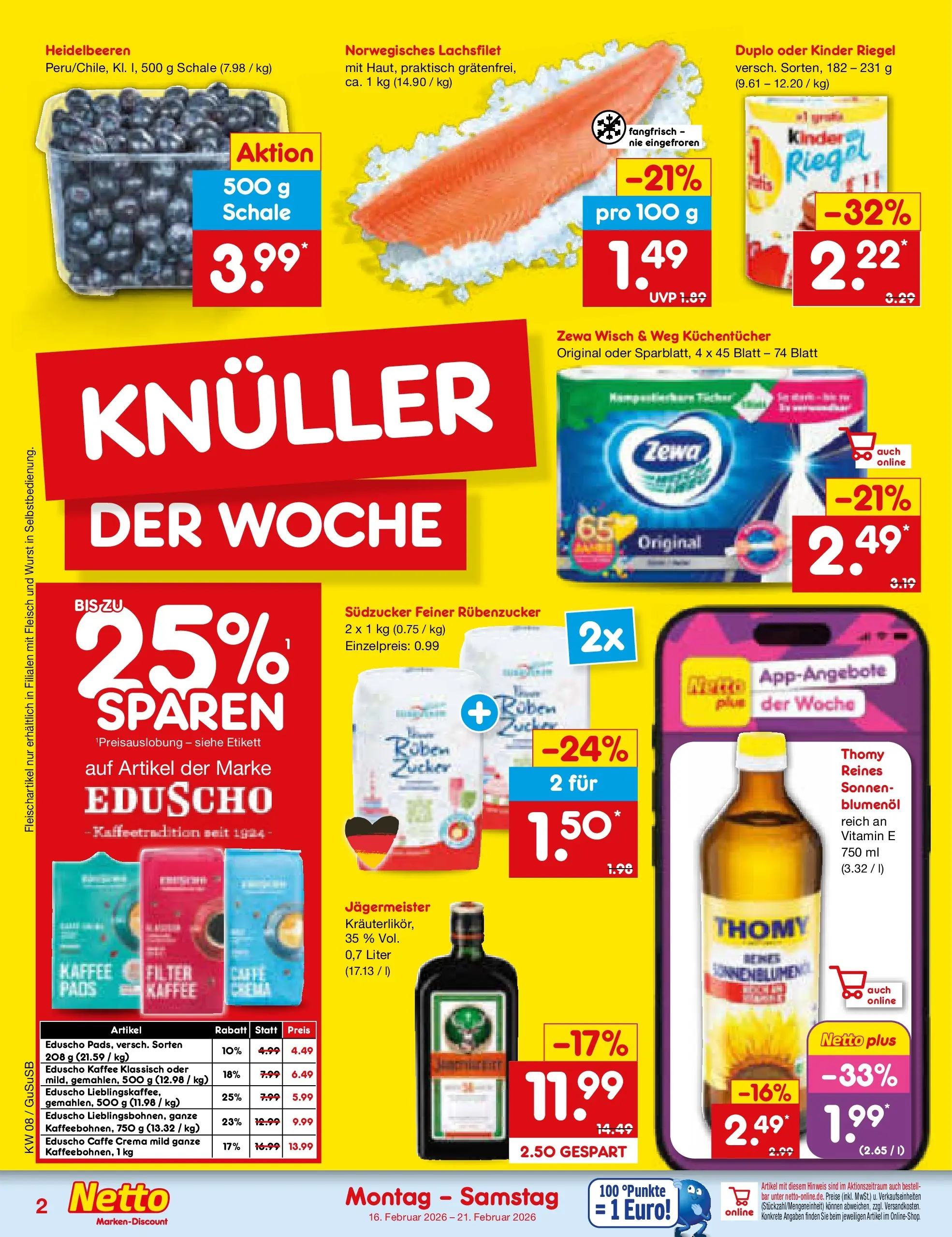 Netto Marken-Discount prospekt Rodewisch	 (ab 15.02.2026) » Angebote | Seite: 2 | Produkte: Zewa, Kinder riegel, Heidelbeeren, Jägermeister