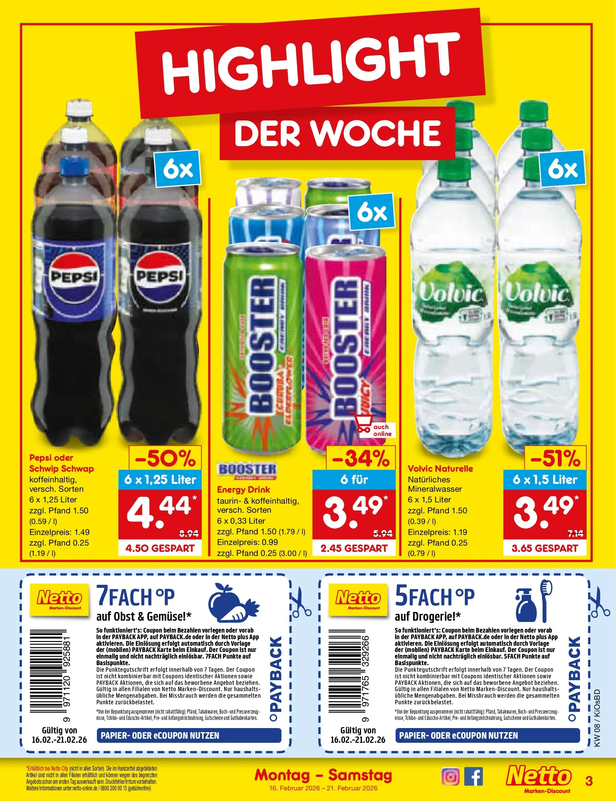 Netto Marken-Discount prospekt Mistelbach	 (ab 15.02.2026) » Angebote | Seite: 3 | Produkte: Schwip schwap, Gemüse, Pepsi, Volvic