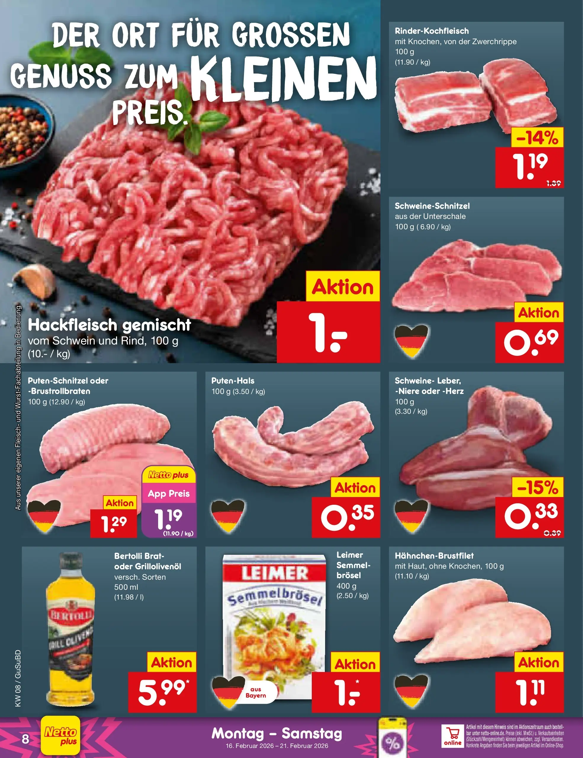 Netto Marken-Discount prospekt Glauchau	 (ab 15.02.2026) » Angebote | Seite: 8 | Produkte: Putenschnitzel, Fleisch, Hackfleisch