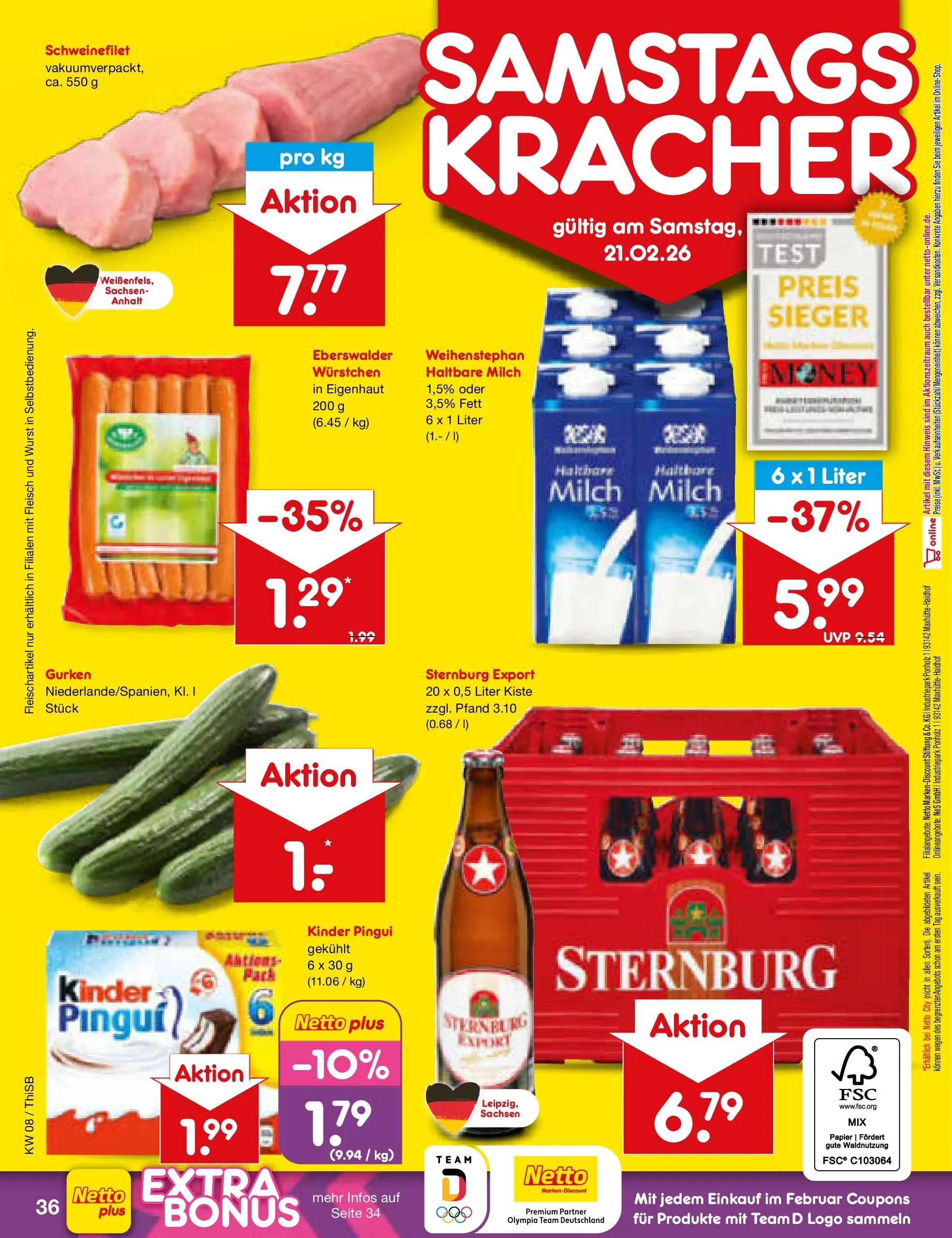 Netto Marken-Discount prospekt Pirna	 (ab 15.02.2026) » Angebote | Seite: 50 | Produkte: Milch, Schweinefilet, Wurst, Fleisch