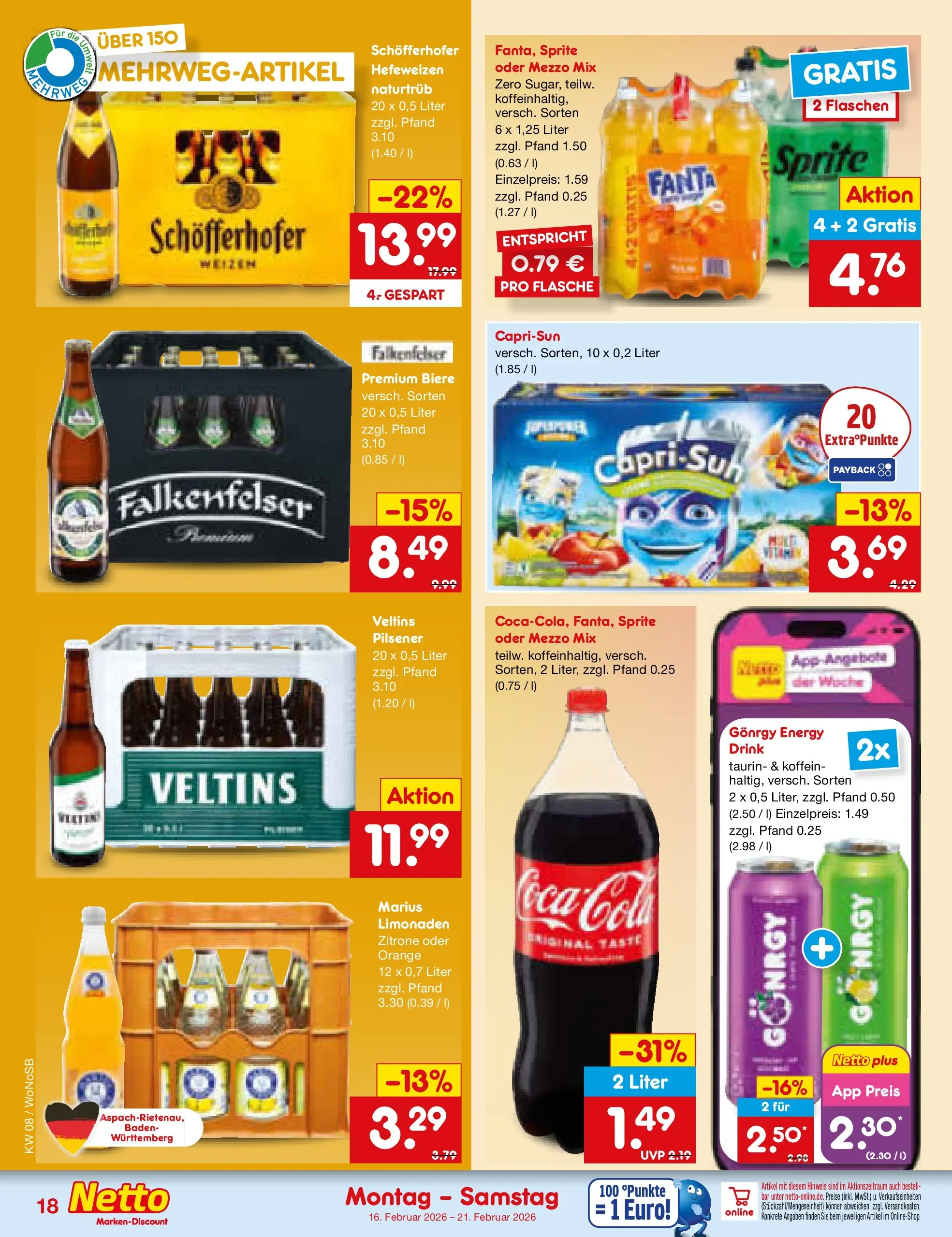 Netto Marken-Discount prospekt Lahnau	 (ab 15.02.2026) » Angebote | Seite: 22 | Produkte: Fanta, Cola, Energy, Veltins