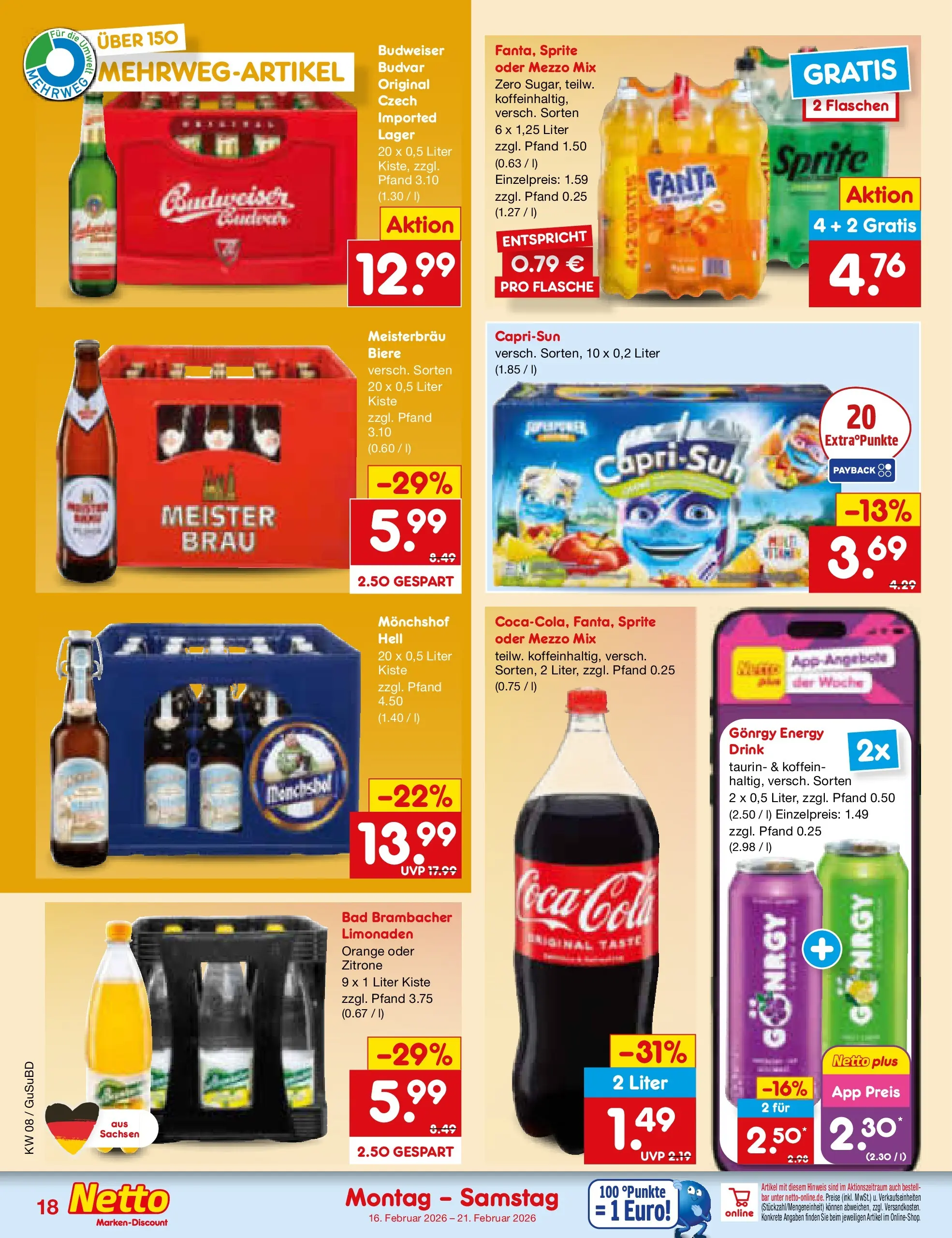 Netto Marken-Discount prospekt Glauchau	 (ab 15.02.2026) » Angebote | Seite: 22 | Produkte: Monchshof, Fanta, Sprite, Cola