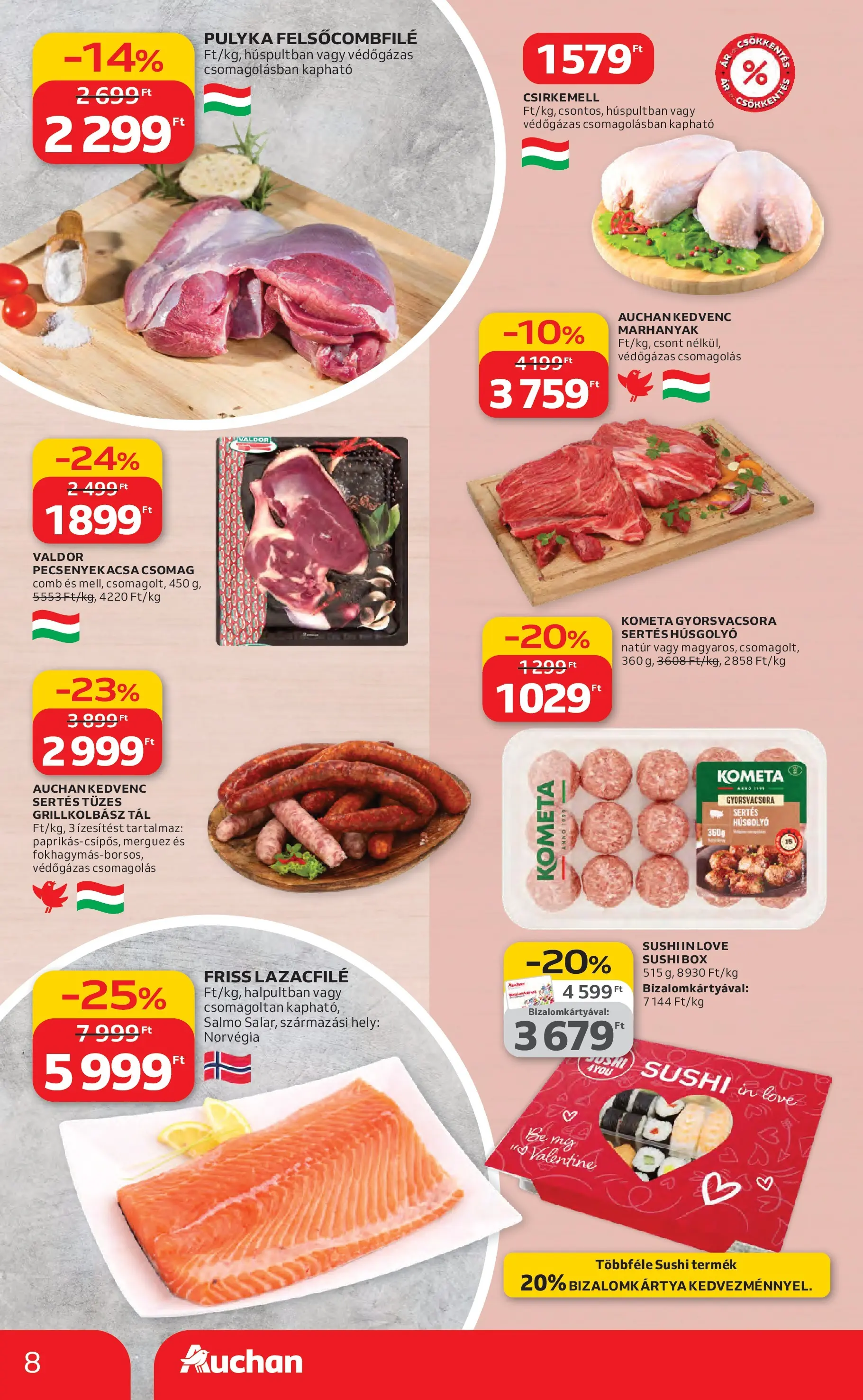 Auchan Akciós újság Miskolc - 2026.02.12. -tól/töl > akció, lapozható szórólap 🛍️ | Oldal: 8 | Termékek: Grillkolbász, Sushi, Pecsenyekacsa, Csirkemell