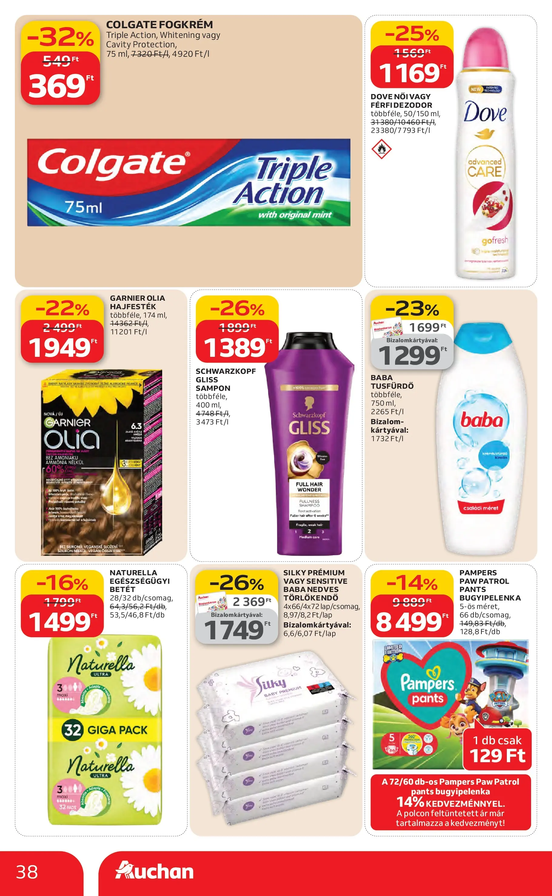 Auchan Akciós újság Miskolc - 2026.02.12. -tól/töl > akció, lapozható szórólap 🛍️ | Oldal: 38 | Termékek: Törlőkendő, Hajfesték, Sampon, Fogkrém