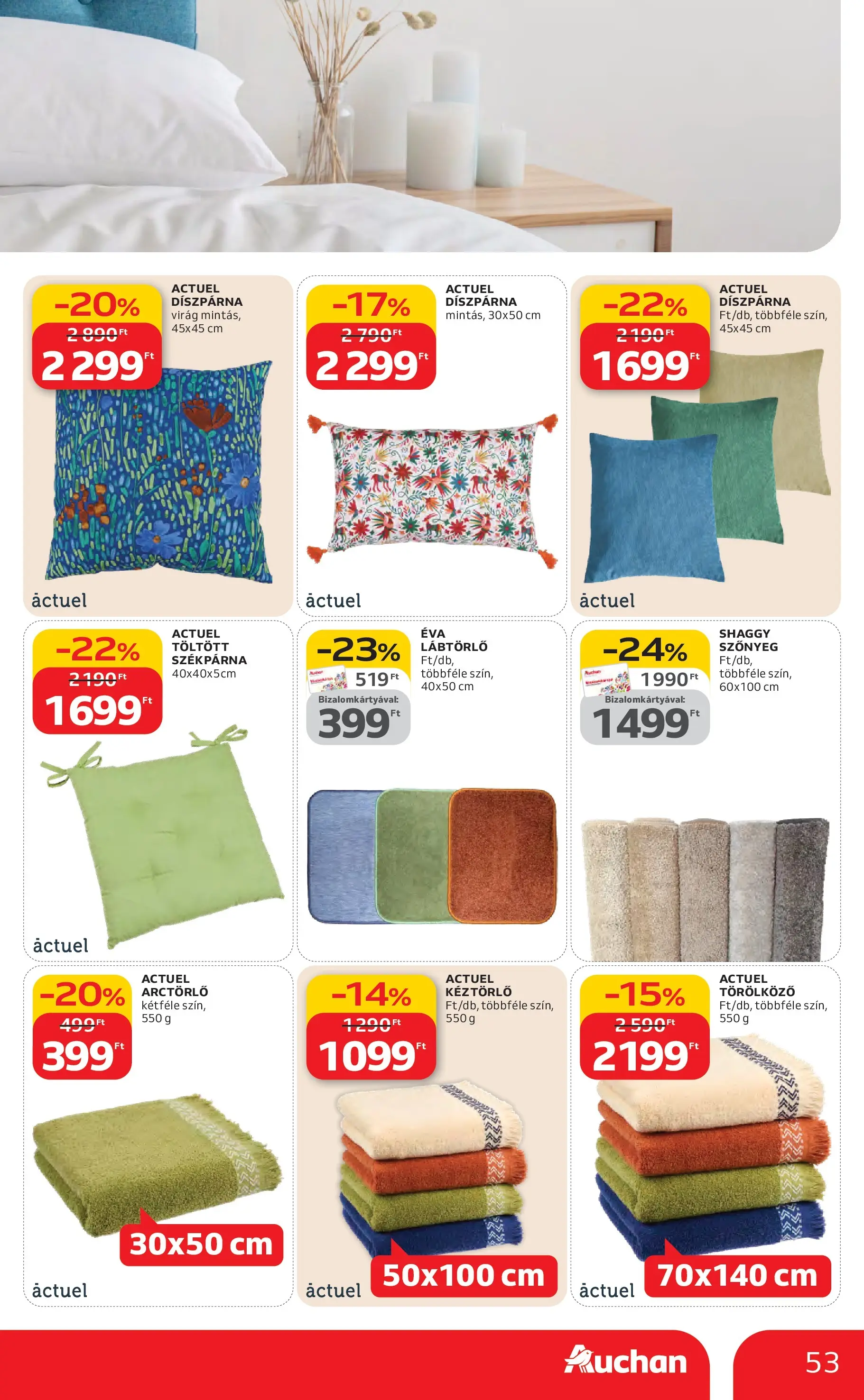 Auchan Akciós újság Miskolc - 2026.02.12. -tól/töl > akció, lapozható szórólap 🛍️ | Oldal: 53 | Termékek: Székpárna, Törölköző, Virag, Díszpárna