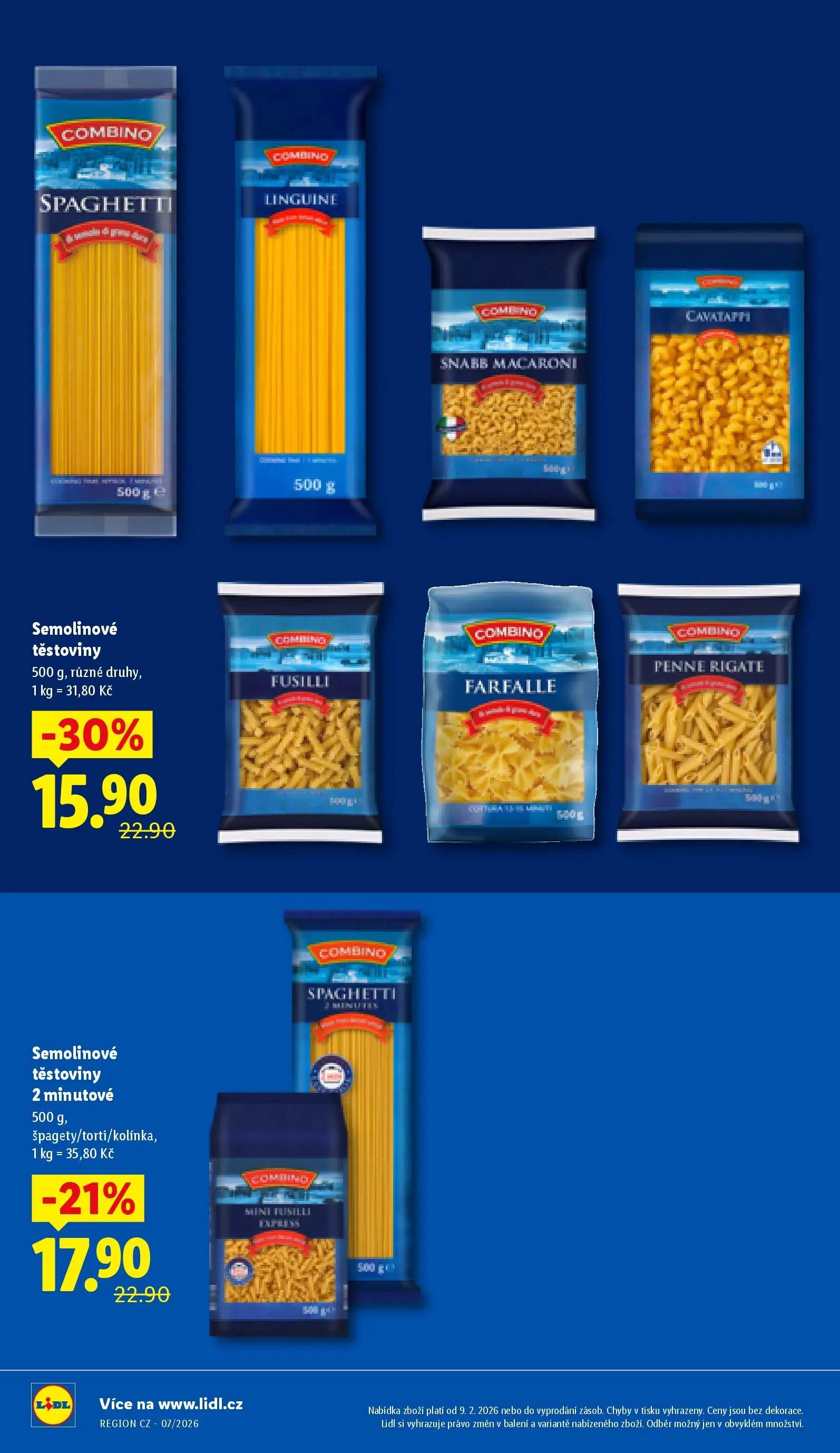 Lidl leták od 11.02.2026 - Nový akční leták | Strana: 6 | Produkty: Penne, Těstoviny, Combino, Semolinové těstoviny