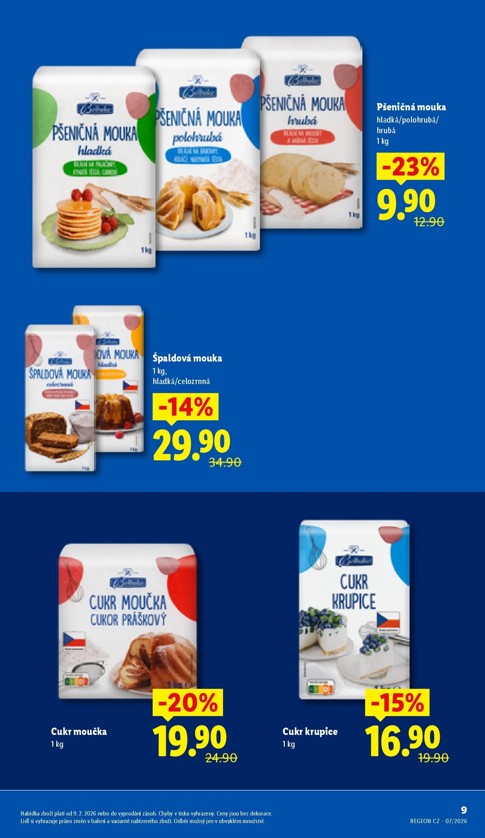 Lidl leták od 11.02.2026 - Nový akční leták | Strana: 9 | Produkty: Cukr, Cukr moučka, Špaldová mouka, Semolina