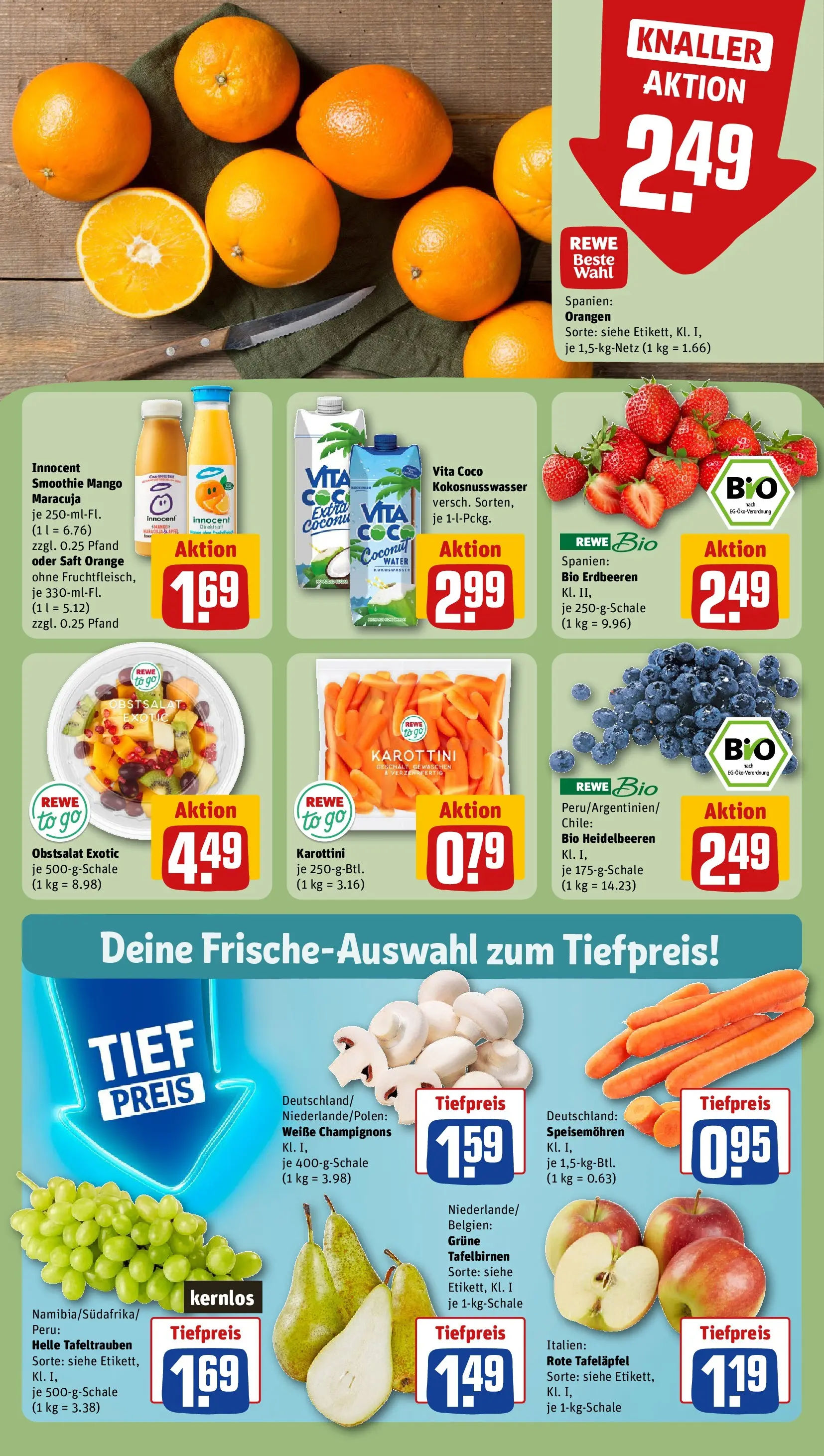 REWE Prospekt ab 16.02.2026 zum Blättern » Angebote | Seite: 10 | Produkte: Orangen, Champignons, Wasser, Mango