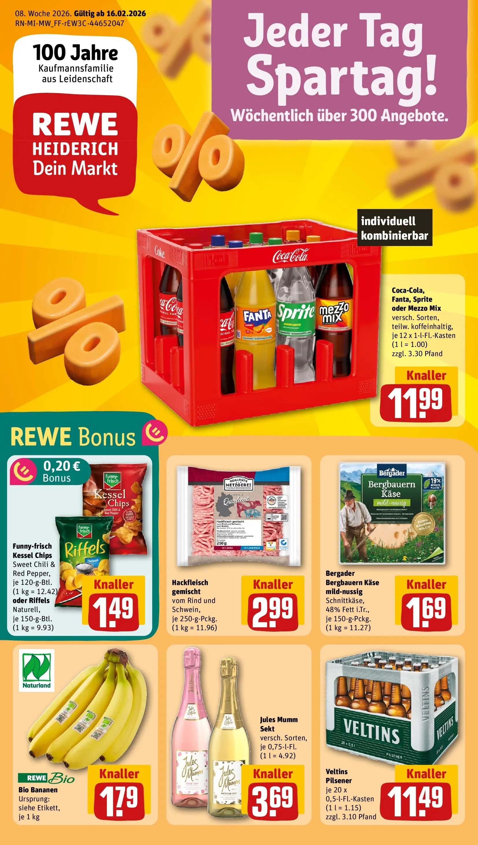 REWE Prospekt ab 16.02.2026 zum Blättern » Angebote | Seite: 1 | Produkte: Mezzo mix, Bananen, Jules mumm, Oder mezzo mix