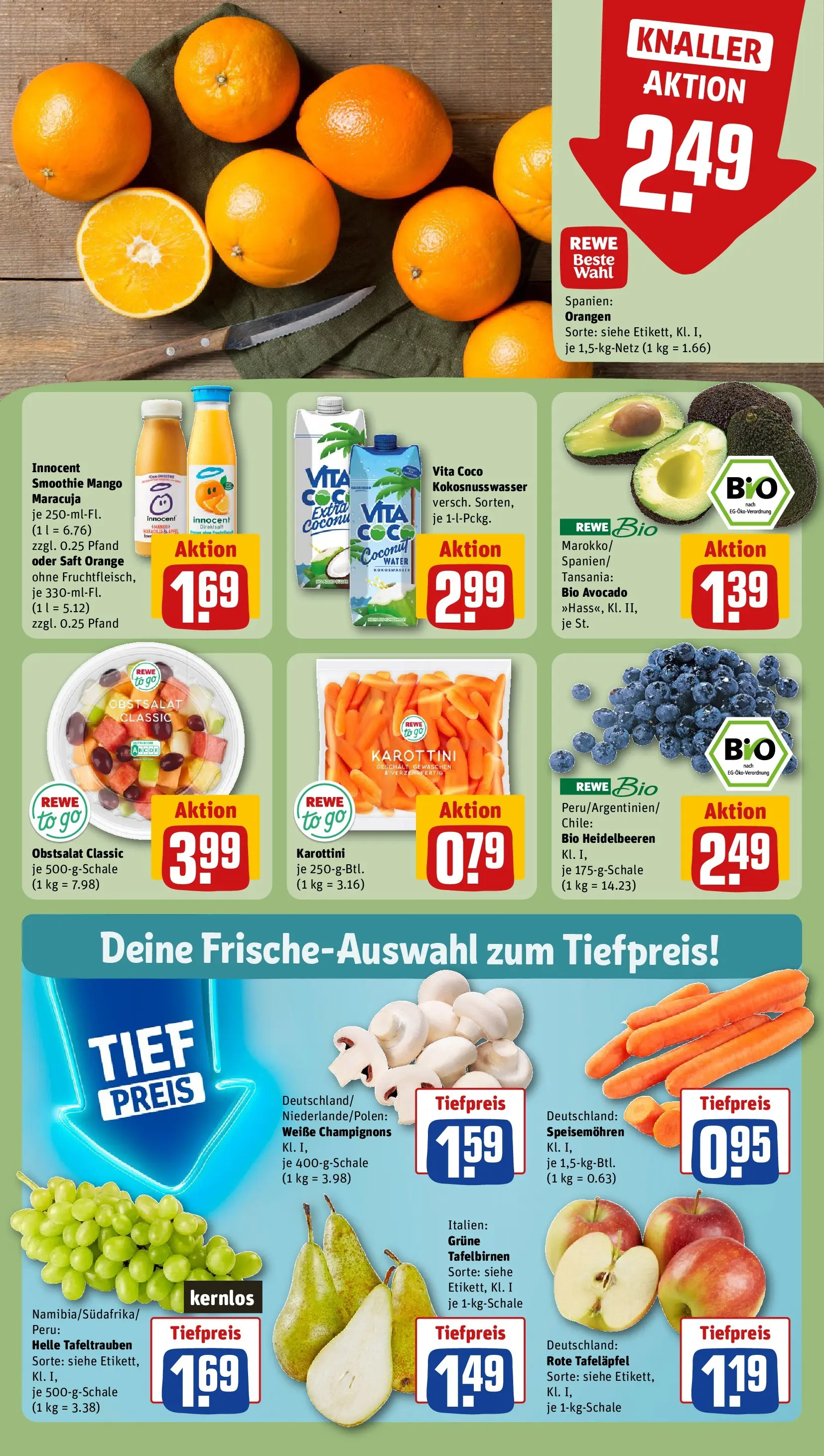 REWE Prospekt ab 15.02.2026 zum Blättern » Angebote | Seite: 10 | Produkte: Orangen, Heidelbeeren, Champignons, Saft
