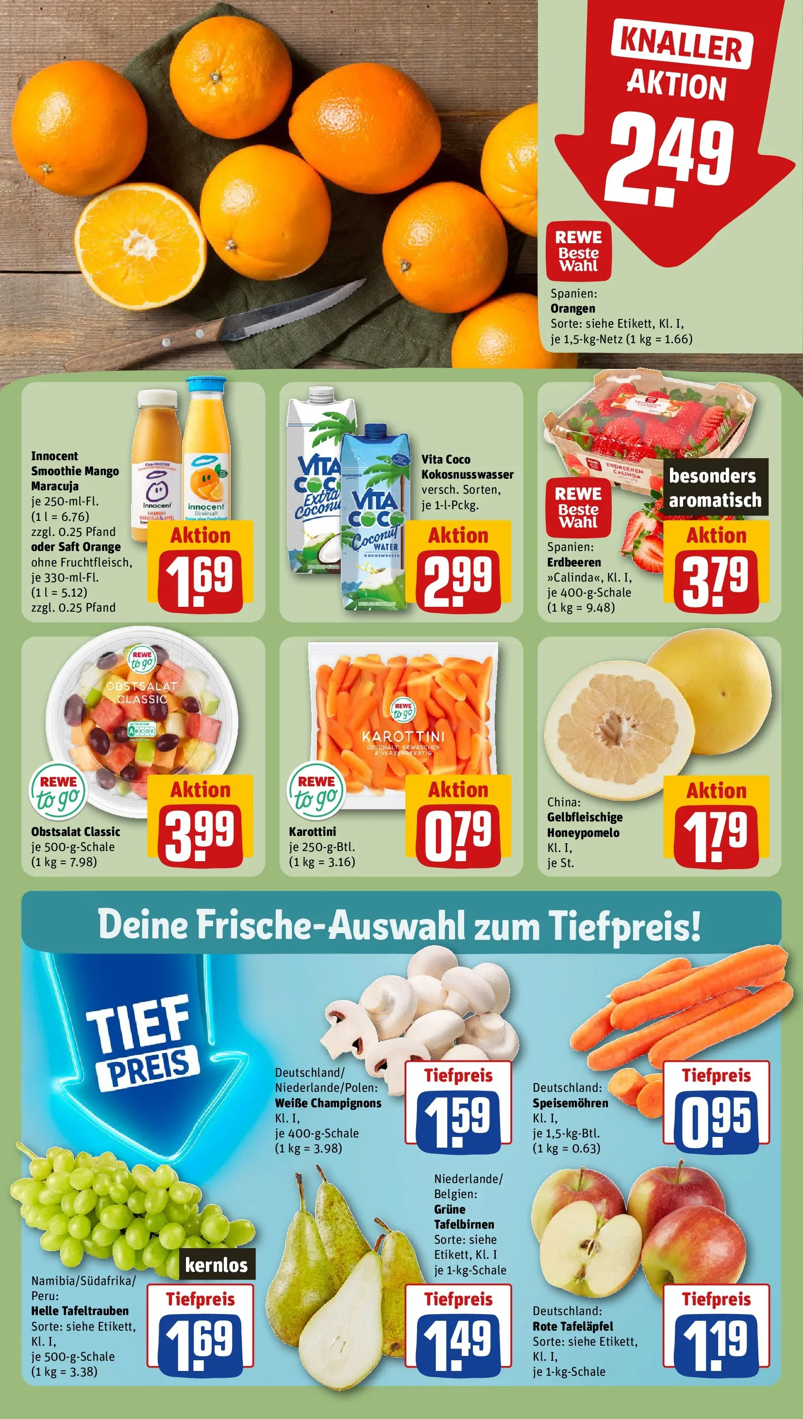 REWE Prospekt ab 16.02.2026 zum Blättern » Angebote | Seite: 12 | Produkte: Orangen, Champignons, Saft, Erdbeeren