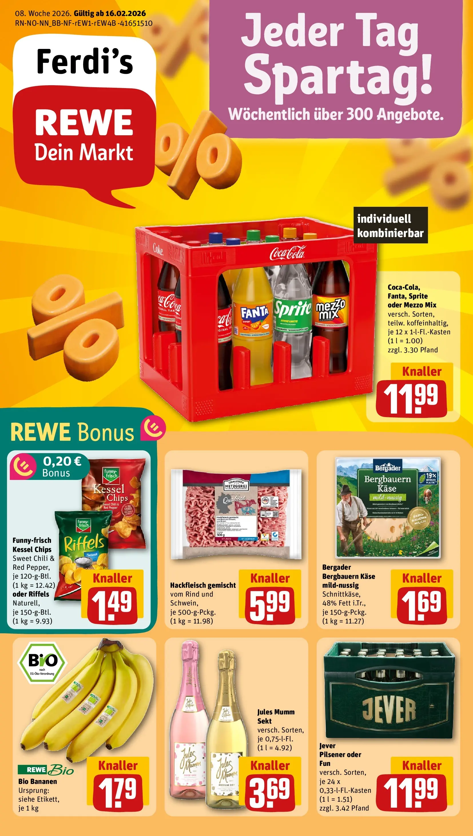 REWE Prospekt ab 16.02.2026 zum Blättern » Angebote | Seite: 1 | Produkte: Fanta, Sprite, Käse, Bananen