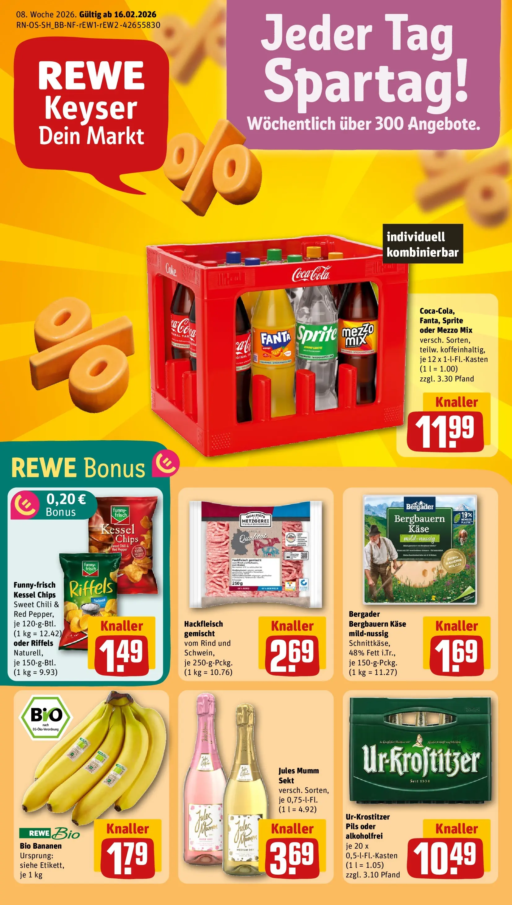 REWE Prospekt ab 16.02.2026 zum Blättern » Angebote | Seite: 1 | Produkte: Mumm sekt, Mezzo mix, Sprite, Jules mumm