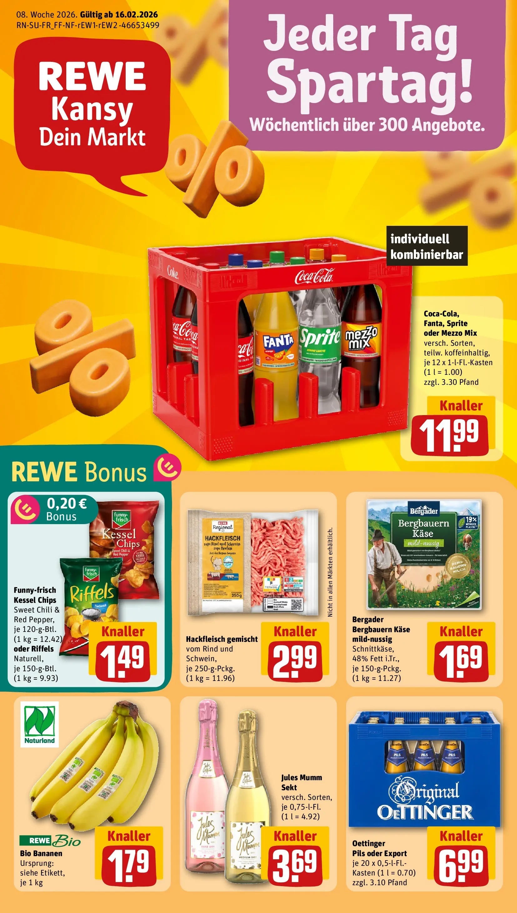REWE Prospekt ab 16.02.2026 zum Blättern » Angebote | Seite: 1 | Produkte: Mumm sekt, Sprite, Funny frisch, Oder mezzo mix