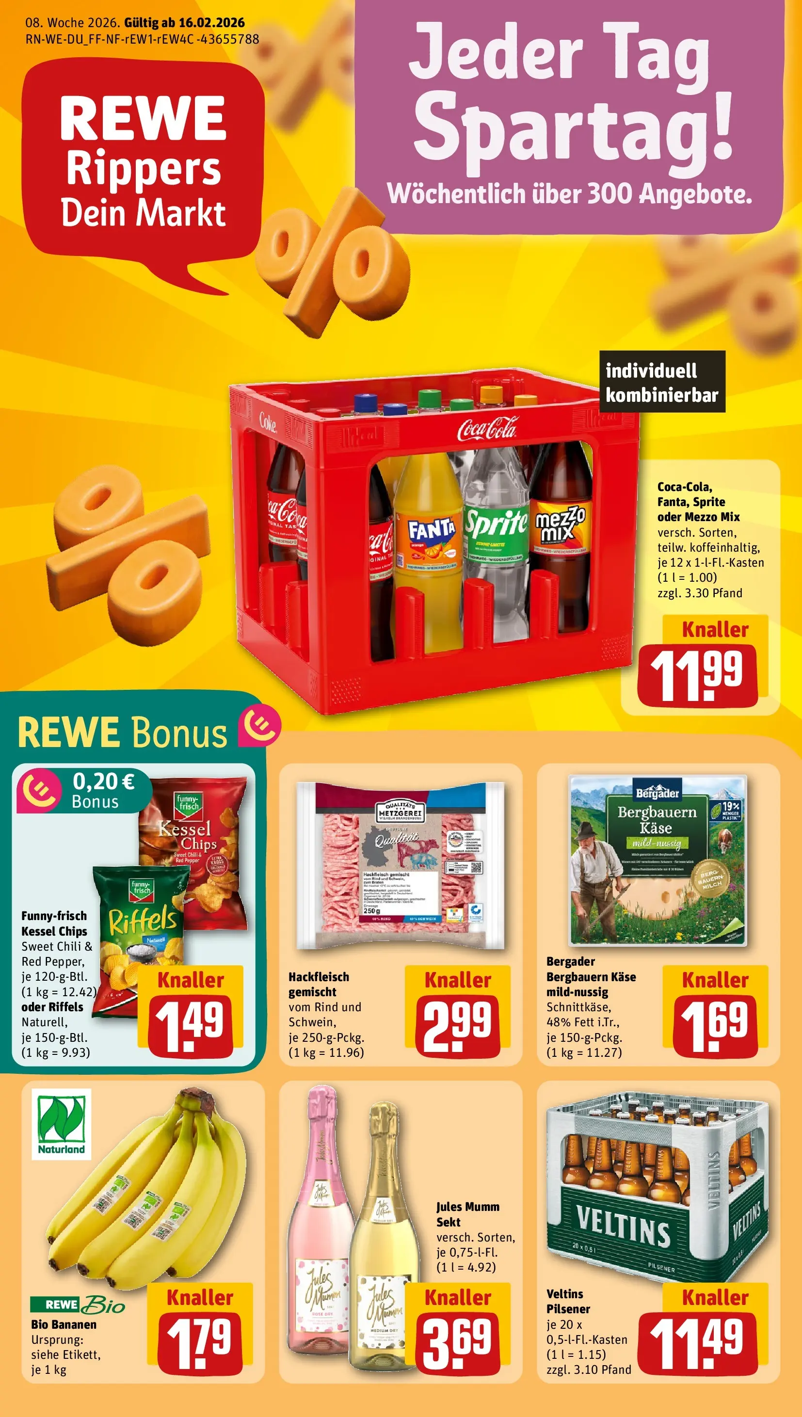 REWE Prospekt ab 16.02.2026 zum Blättern » Angebote | Seite: 1 | Produkte: Cola, Käse, Bananen, Jules mumm