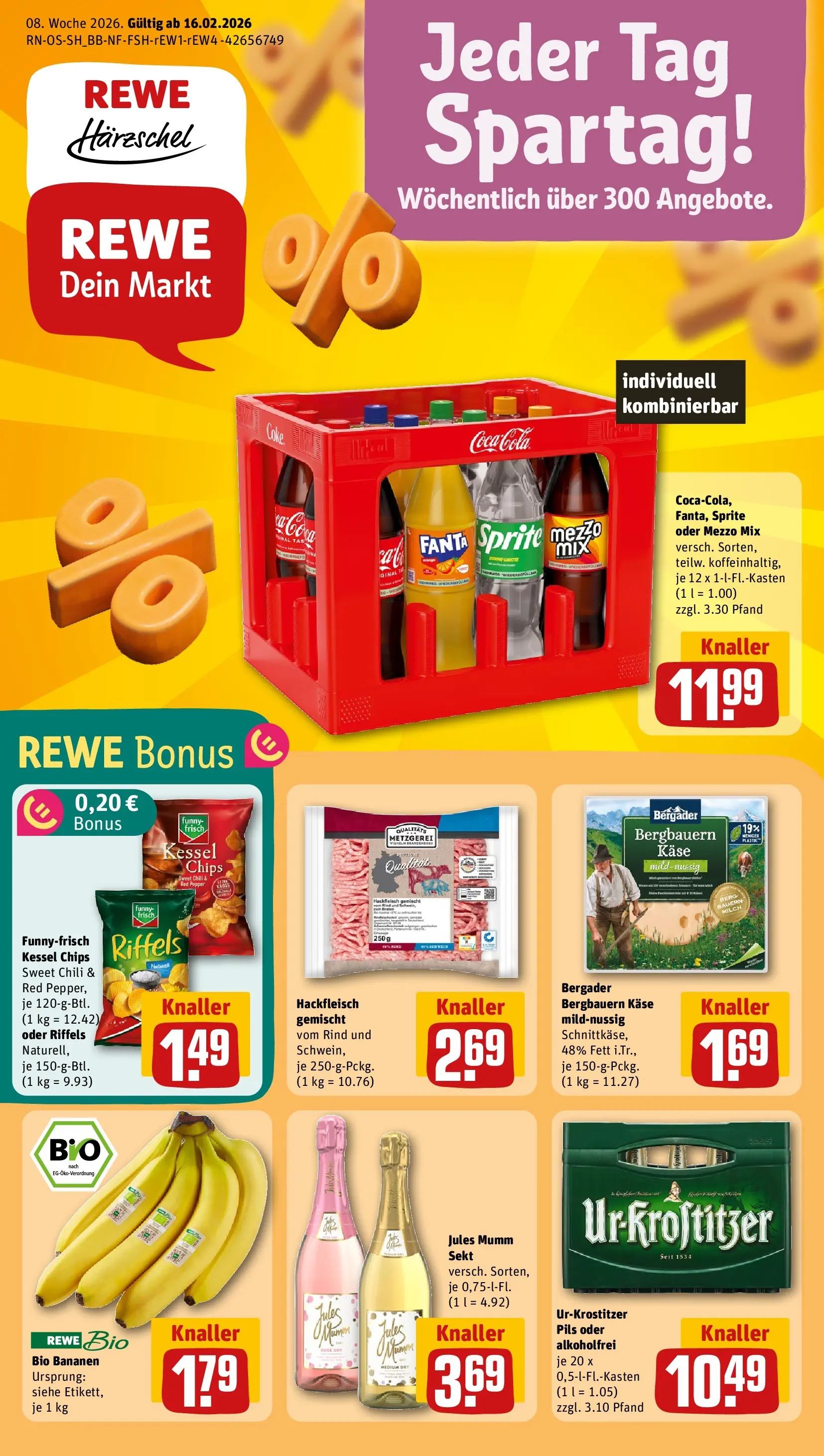 REWE Prospekt ab 16.02.2026 zum Blättern » Angebote | Seite: 1 | Produkte: Fanta, Funny frisch, Bananen, Chips