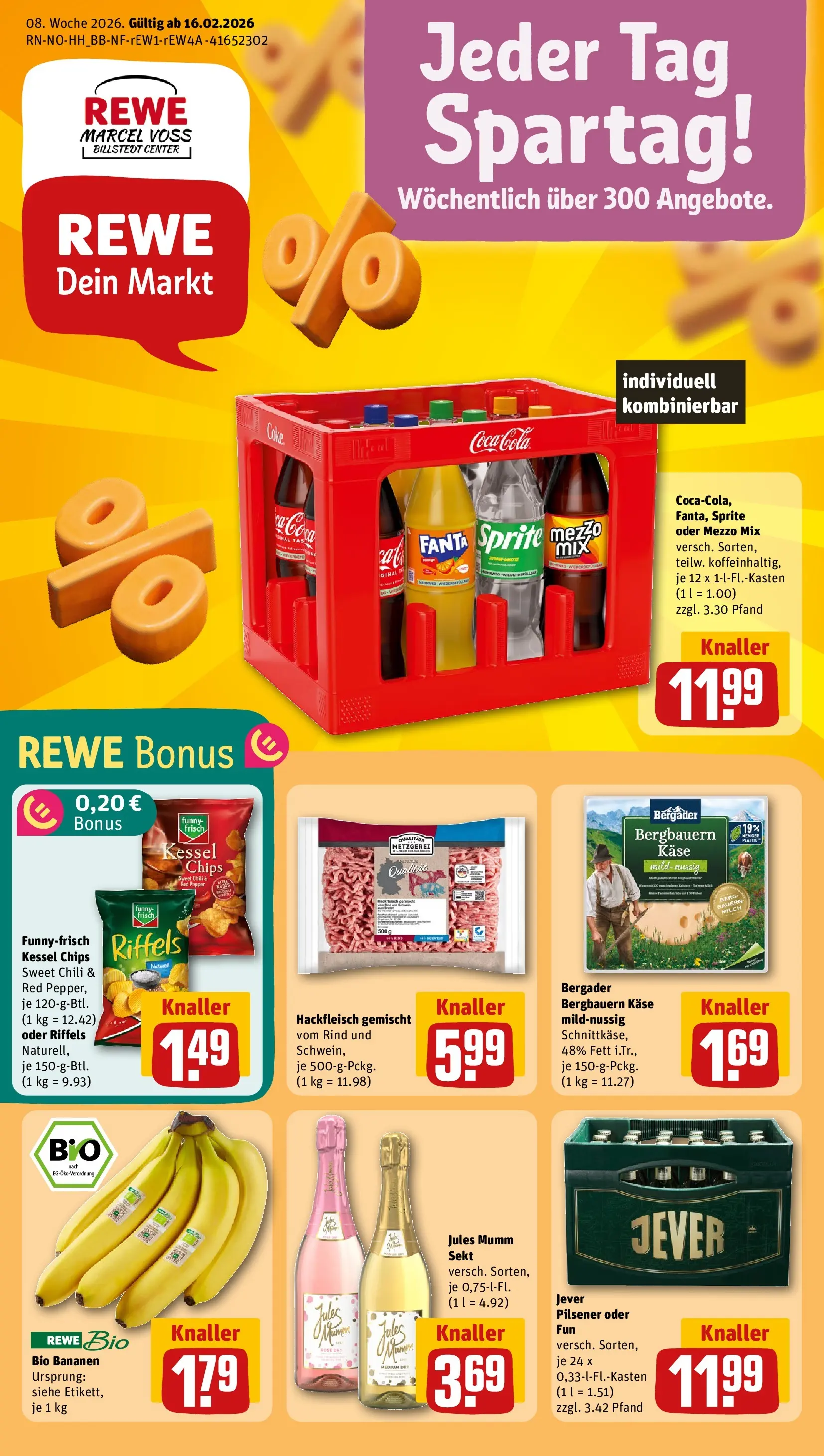 REWE Prospekt ab 16.02.2026 zum Blättern » Angebote | Seite: 1 | Produkte: Sprite, Cola, Funny frisch, Bananen