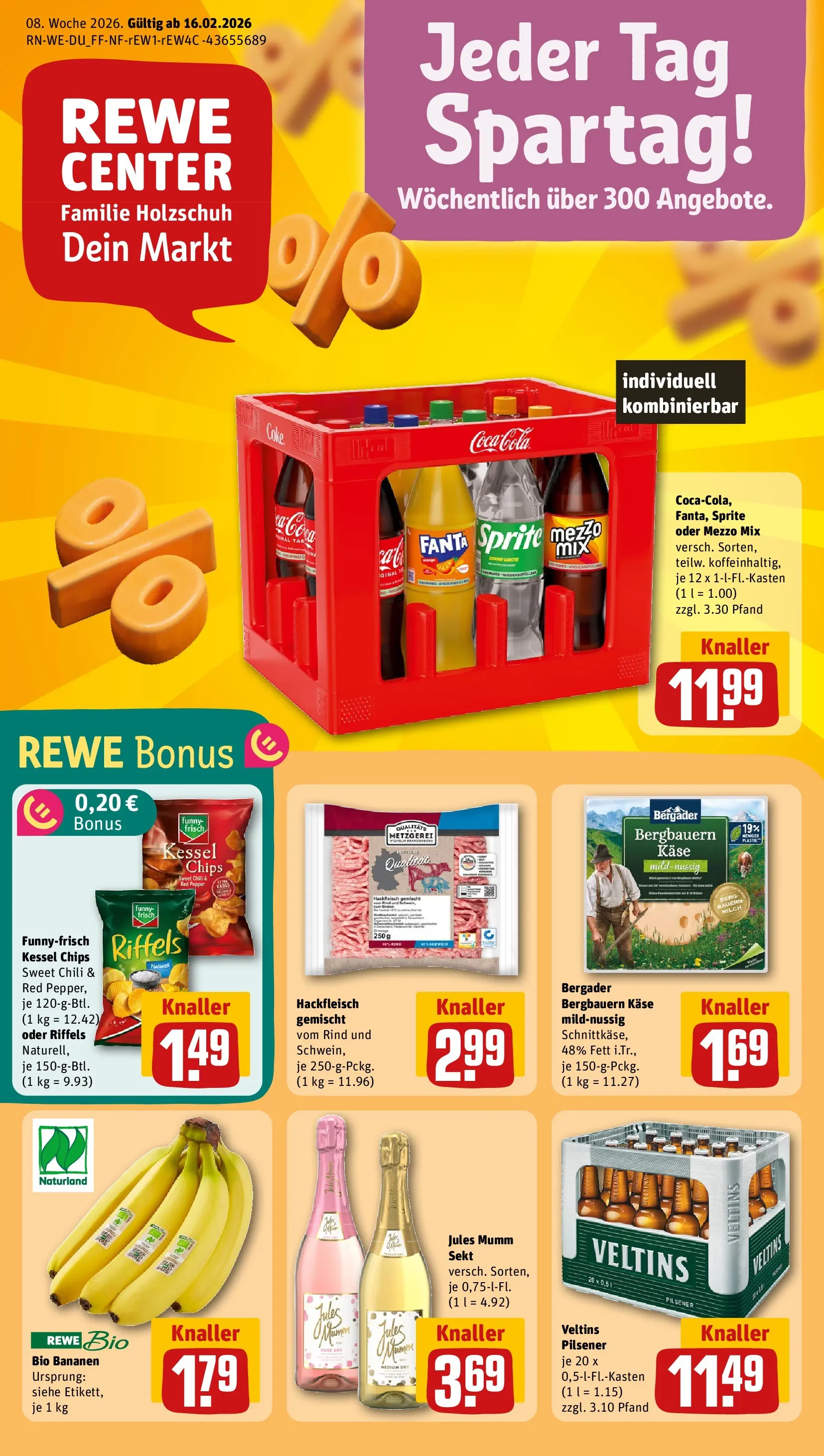 REWE Prospekt ab 16.02.2026 zum Blättern » Angebote | Seite: 1 | Produkte: Sprite, Chips, Veltins, Hackfleisch