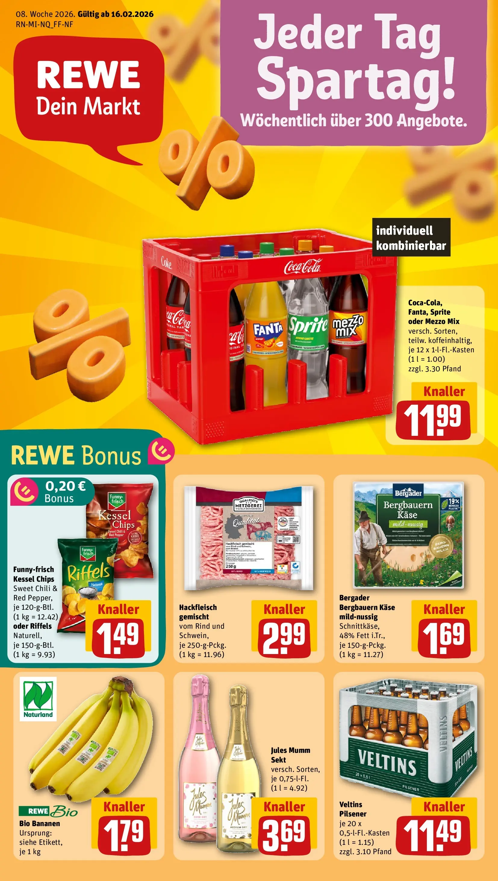 REWE Prospekt ab 16.02.2026 zum Blättern » Angebote | Seite: 1 | Produkte: Bananen, Jules mumm, Oder mezzo mix, Veltins