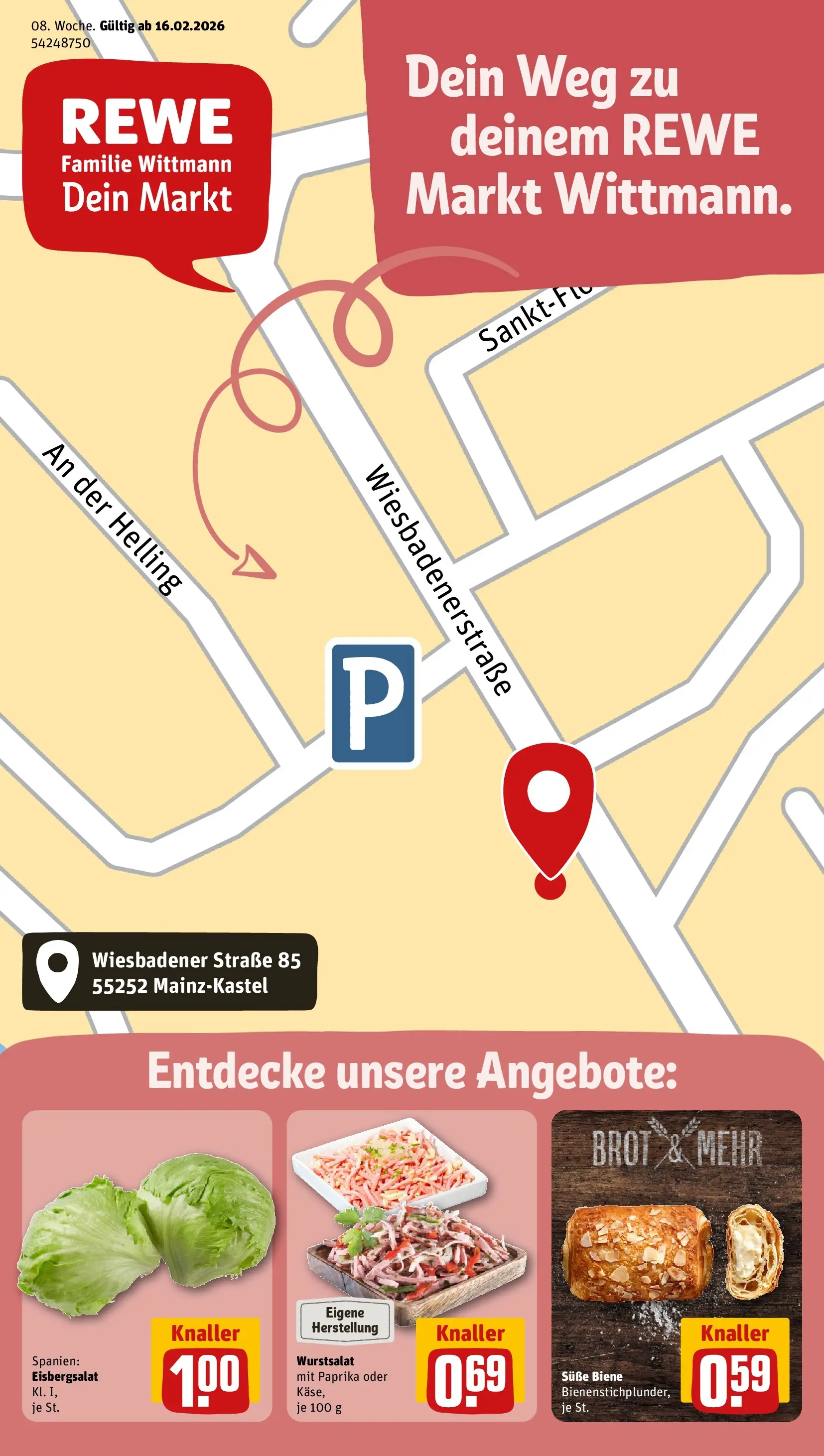REWE Prospekt ab 16.02.2026 zum Blättern » Angebote | Seite: 1 | Produkte: Eisbergsalat, Paprika, Brot