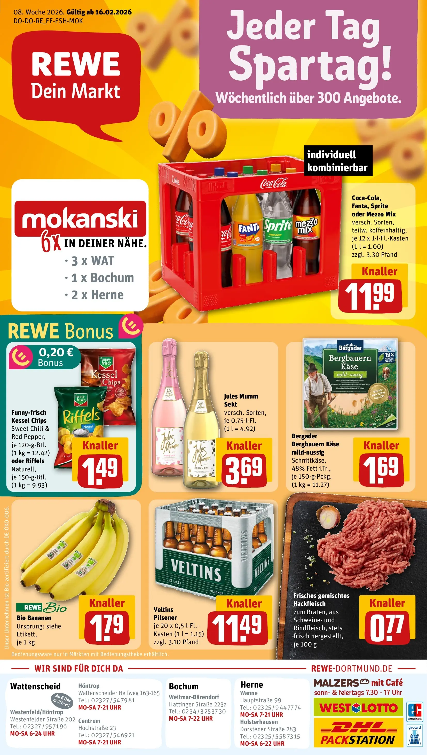 REWE Prospekt ab 16.02.2026 zum Blättern » Angebote | Seite: 1 | Produkte: Fanta, Sprite, Bananen, Chips