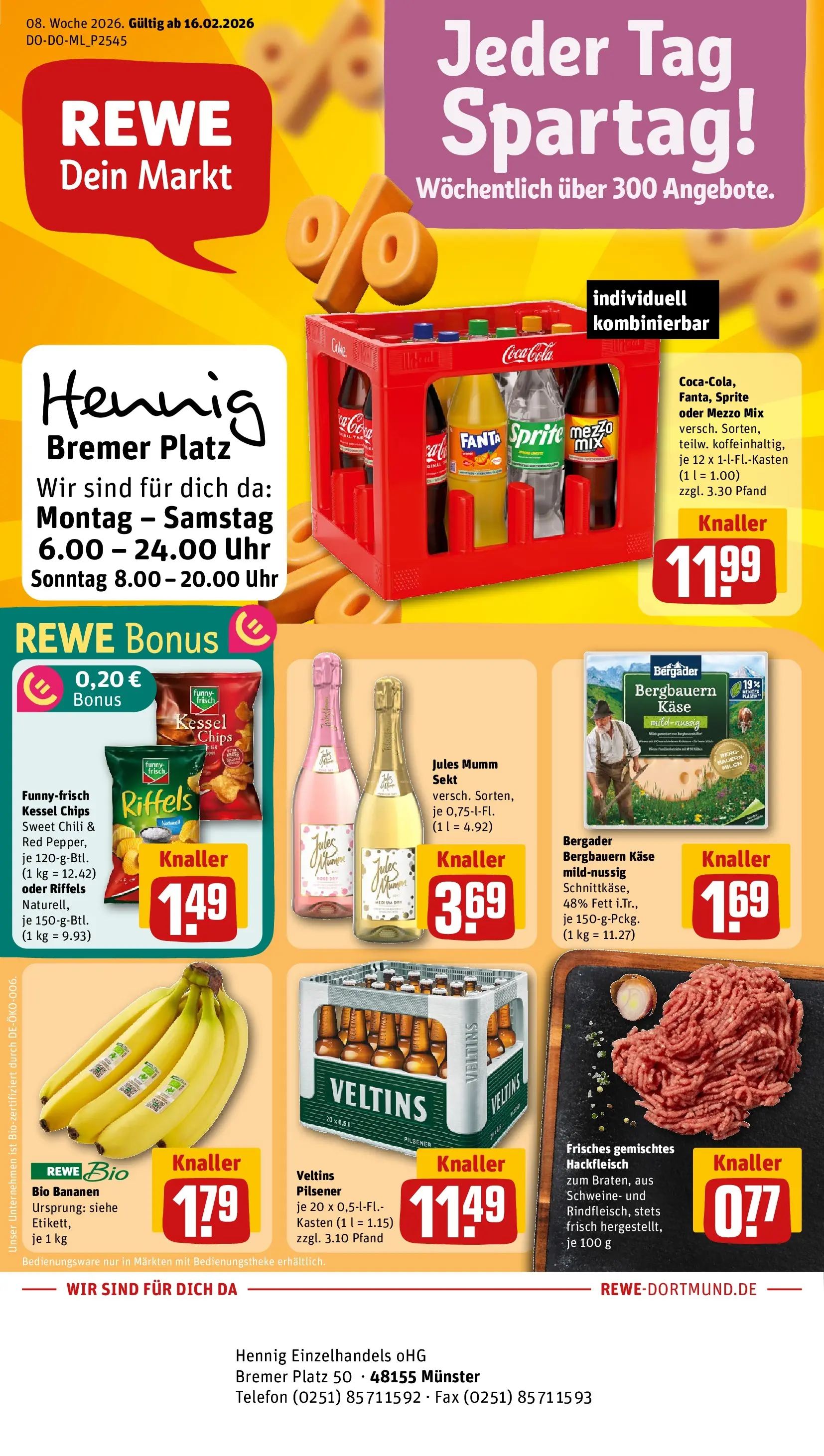 REWE Prospekt ab 16.02.2026 zum Blättern » Angebote | Seite: 1 | Produkte: Coca cola, Cola, Bananen, Hackfleisch