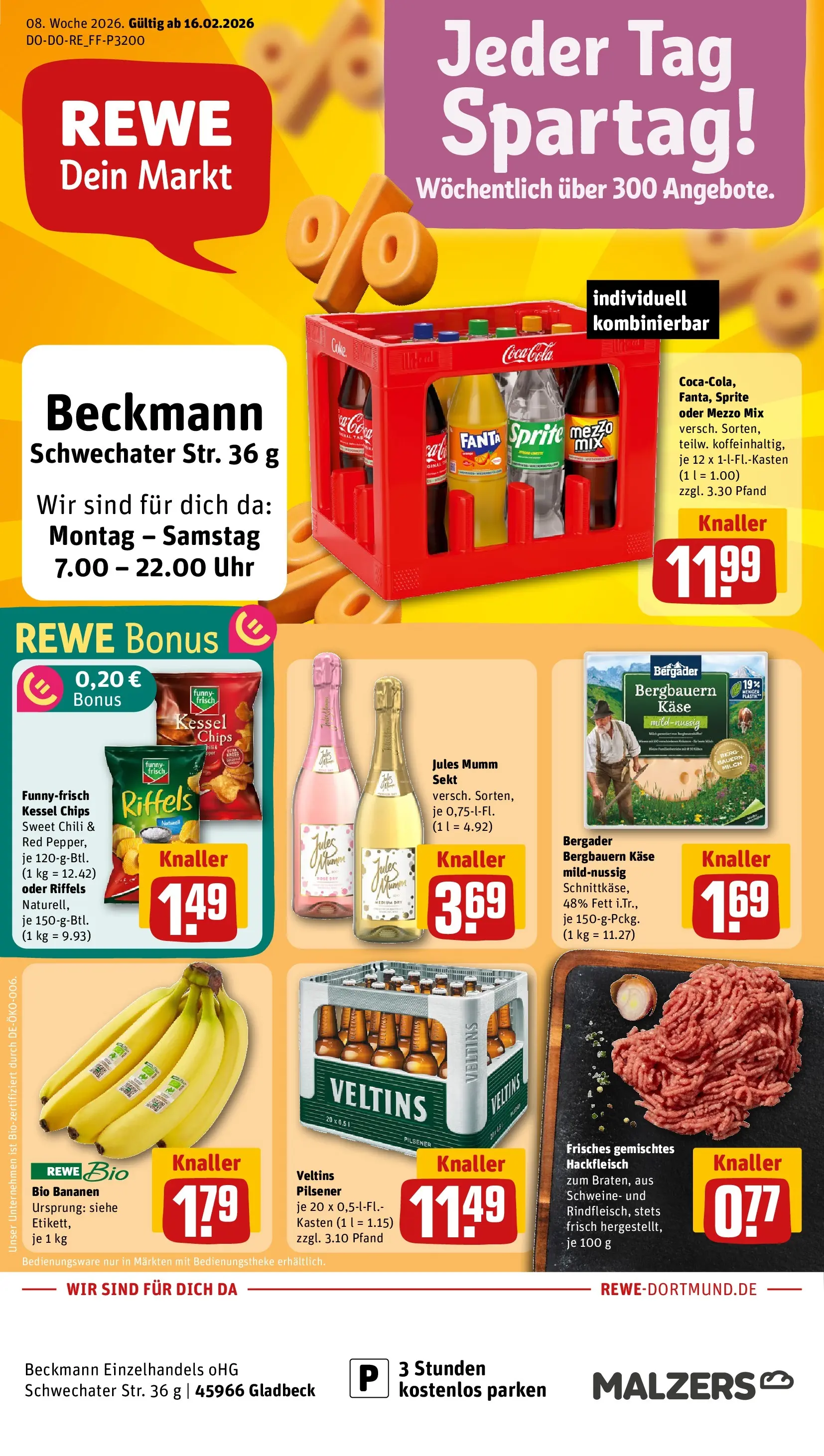 REWE Prospekt ab 16.02.2026 zum Blättern » Angebote | Seite: 1 | Produkte: Sekt, Bananen, Chili, Uhr