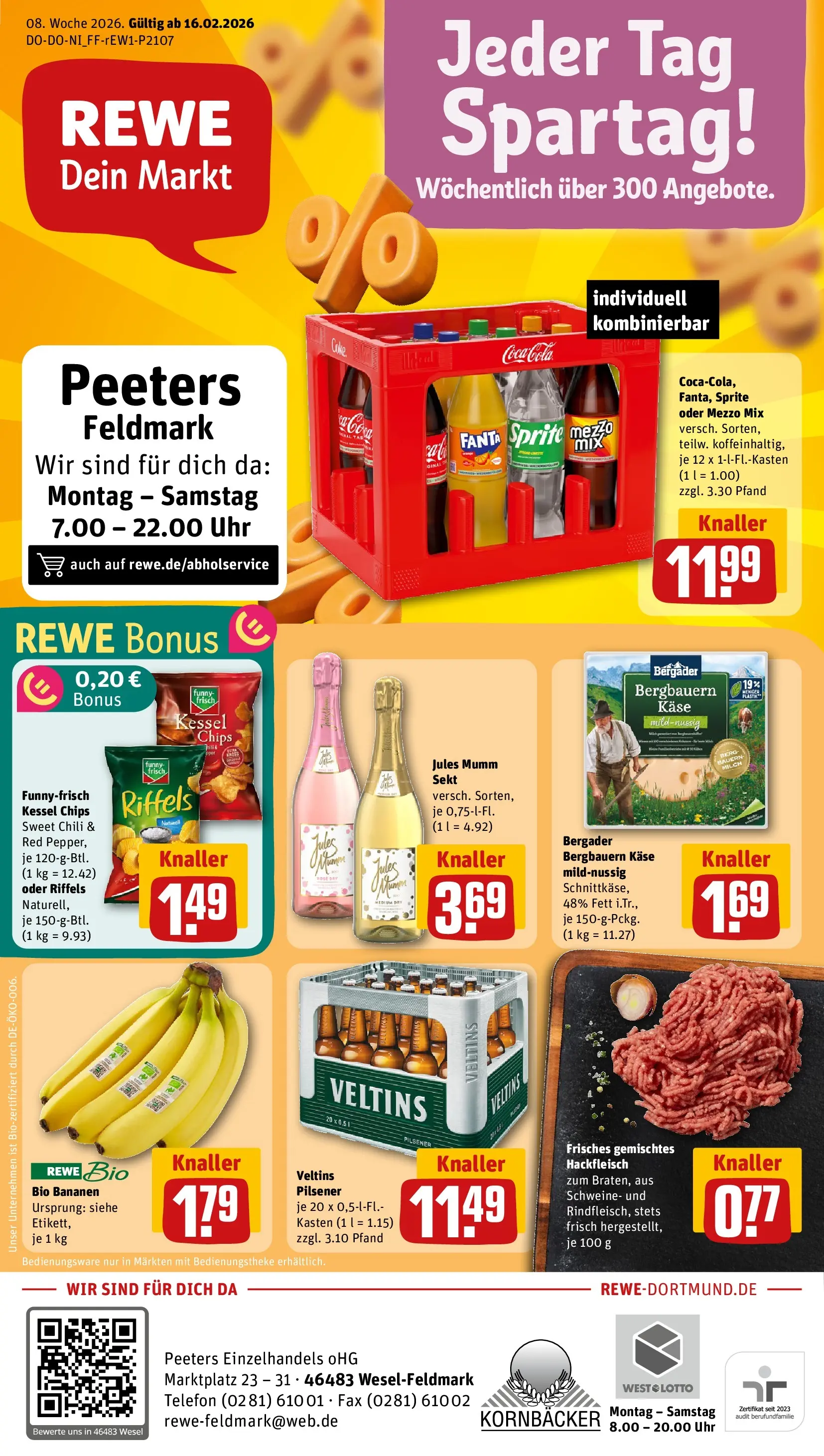 REWE Prospekt ab 16.02.2026 zum Blättern » Angebote | Seite: 1 | Produkte: Milch, Jules mumm, Chili, Oder mezzo mix