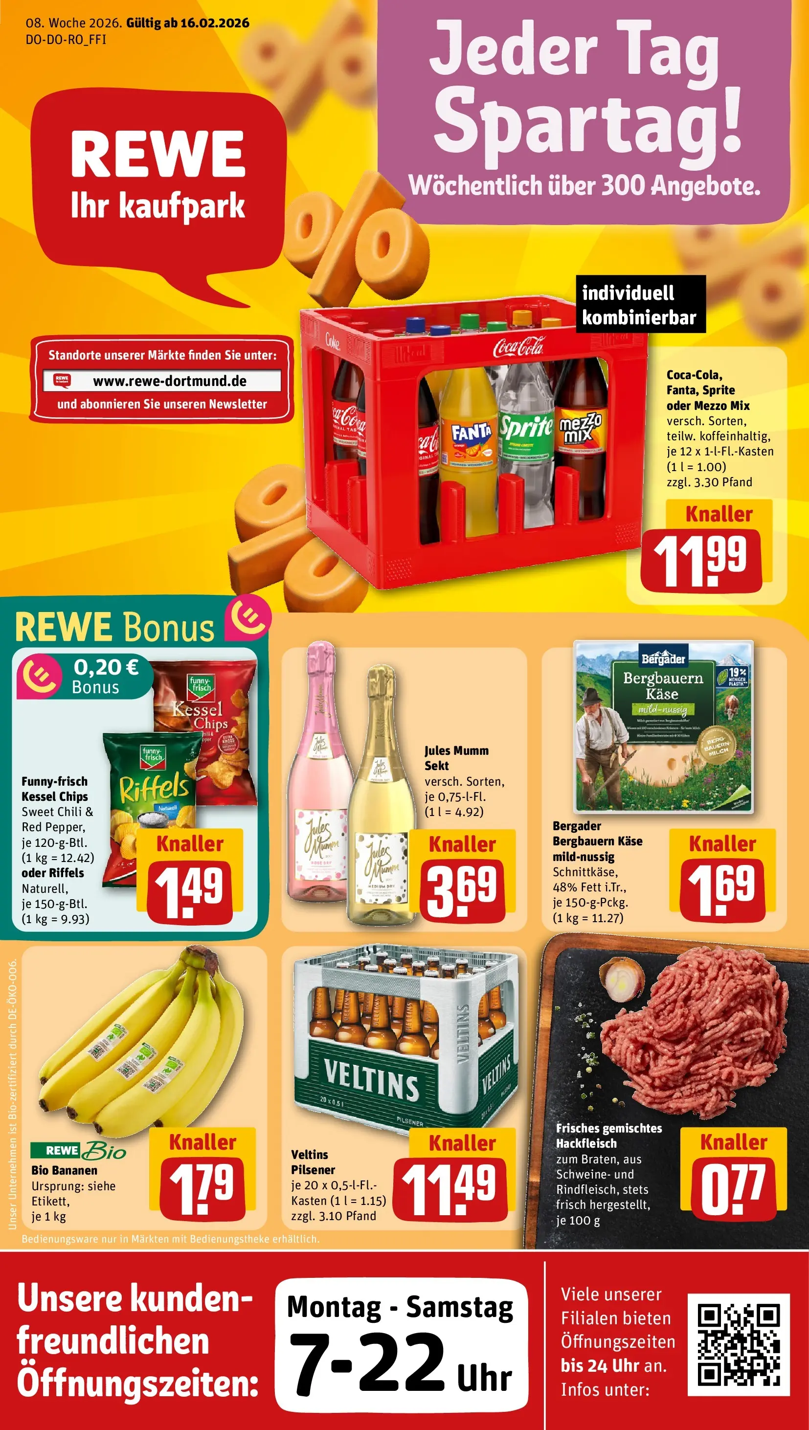 REWE Prospekt ab 16.02.2026 zum Blättern » Angebote | Seite: 1 | Produkte: Sessel, Bananen, Chips, Hackfleisch