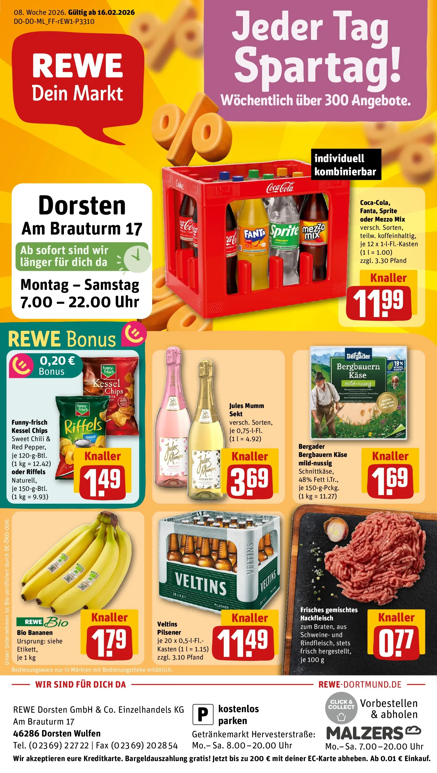 REWE Prospekt ab 16.02.2026 zum Blättern » Angebote | Seite: 1 | Produkte: Sprite, Bananen, Oder mezzo mix, Uhr