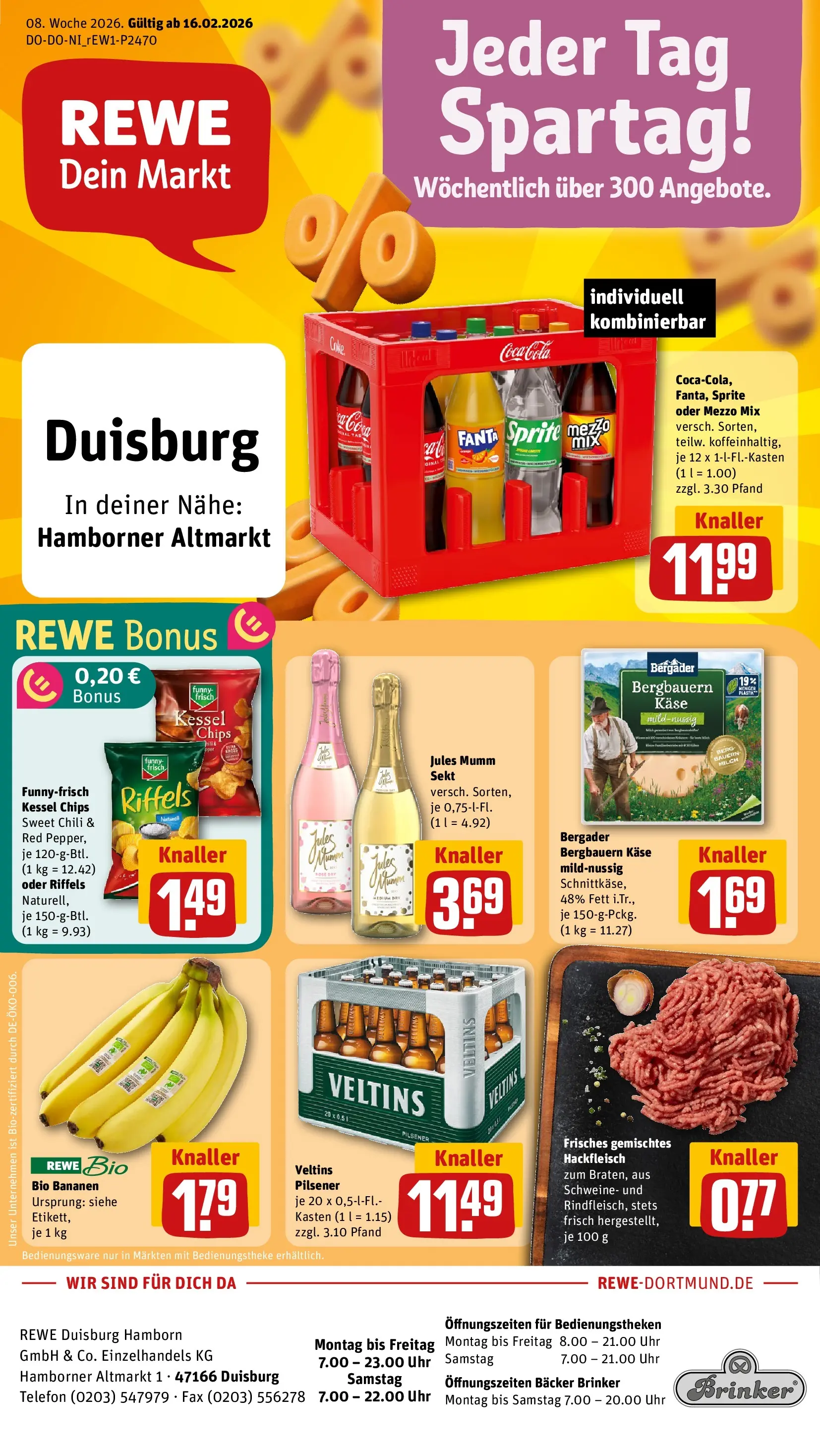 REWE Prospekt ab 16.02.2026 zum Blättern » Angebote | Seite: 1 | Produkte: Mezzo mix, Fanta, Bananen, Uhr