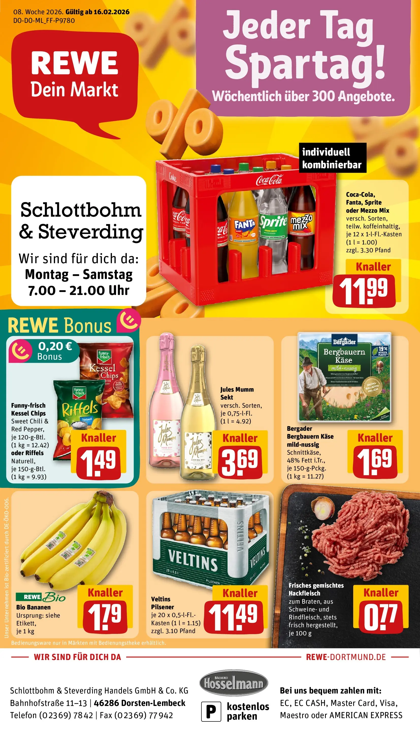 REWE Prospekt ab 16.02.2026 zum Blättern » Angebote | Seite: 1 | Produkte: Sprite, Käse, Chips, Uhr