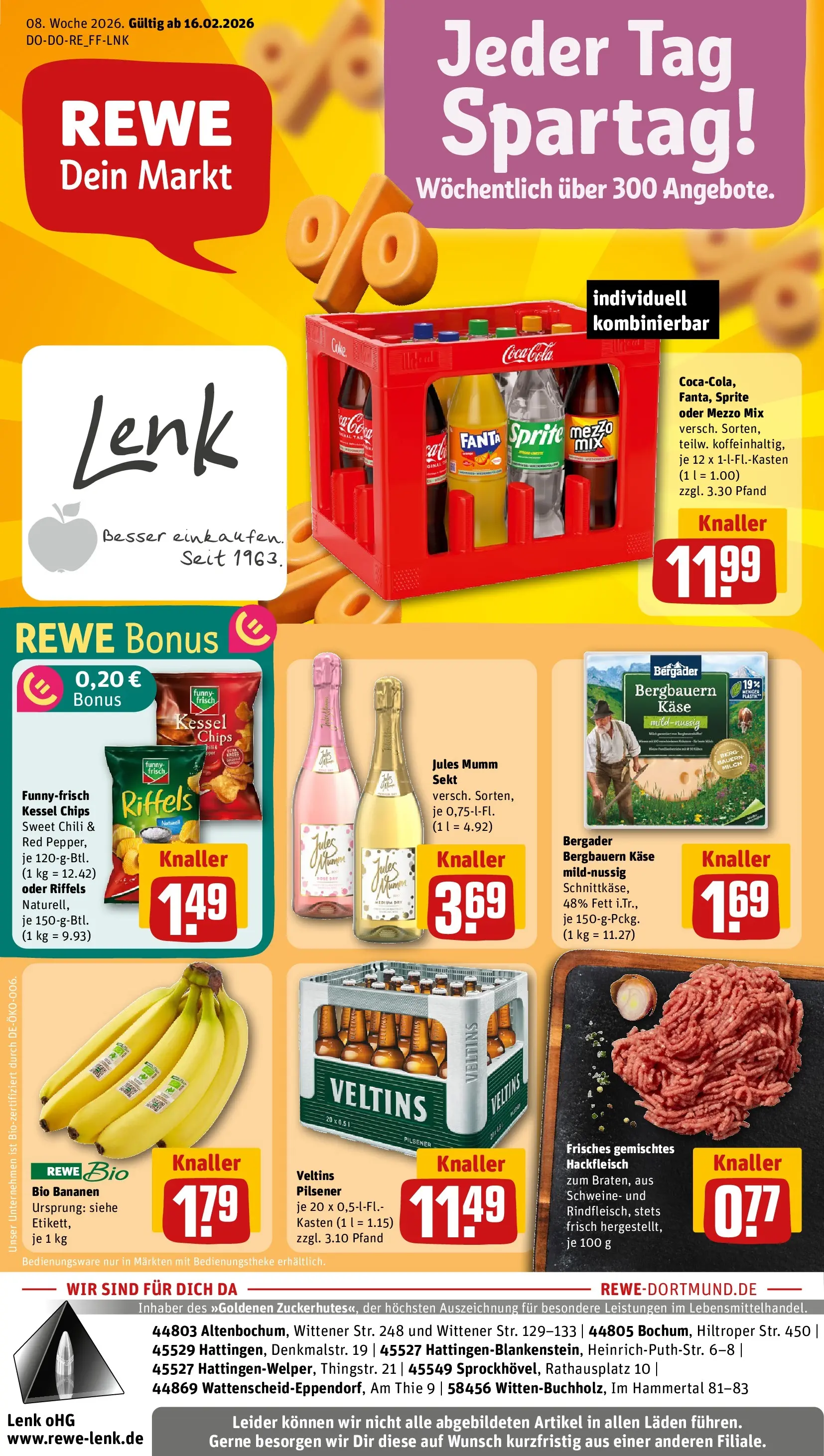 REWE Prospekt ab 16.02.2026 zum Blättern » Angebote | Seite: 1 | Produkte: Cola, Milch, Jules mumm, Veltins