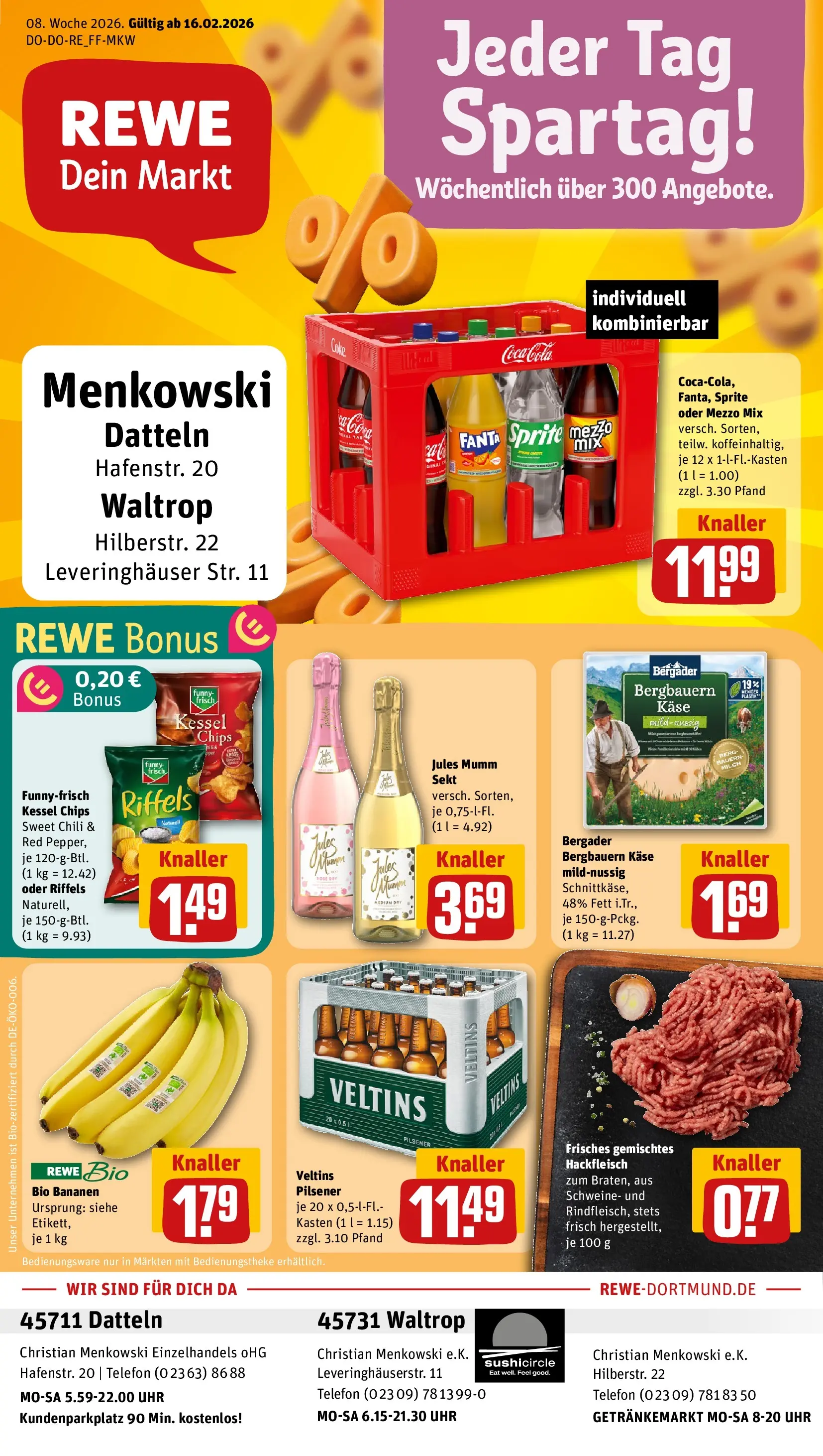 REWE Prospekt ab 16.02.2026 zum Blättern » Angebote | Seite: 1 | Produkte: Fanta, Milch, Oder mezzo mix, Hackfleisch