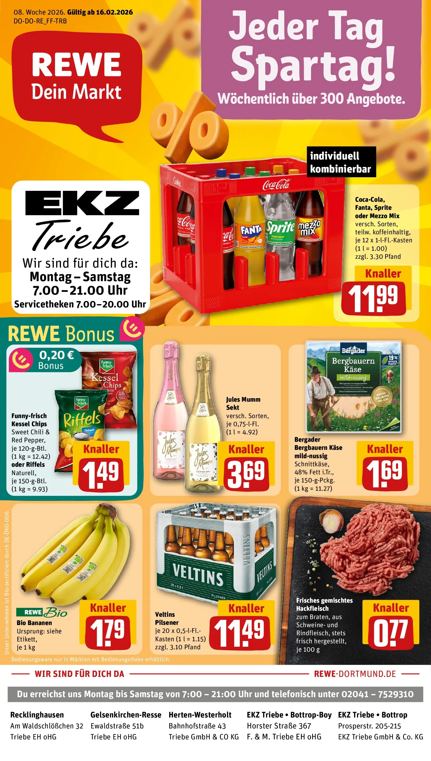 REWE Prospekt ab 16.02.2026 zum Blättern » Angebote | Seite: 1 | Produkte: Coca cola, Bananen, Jules mumm, Chips