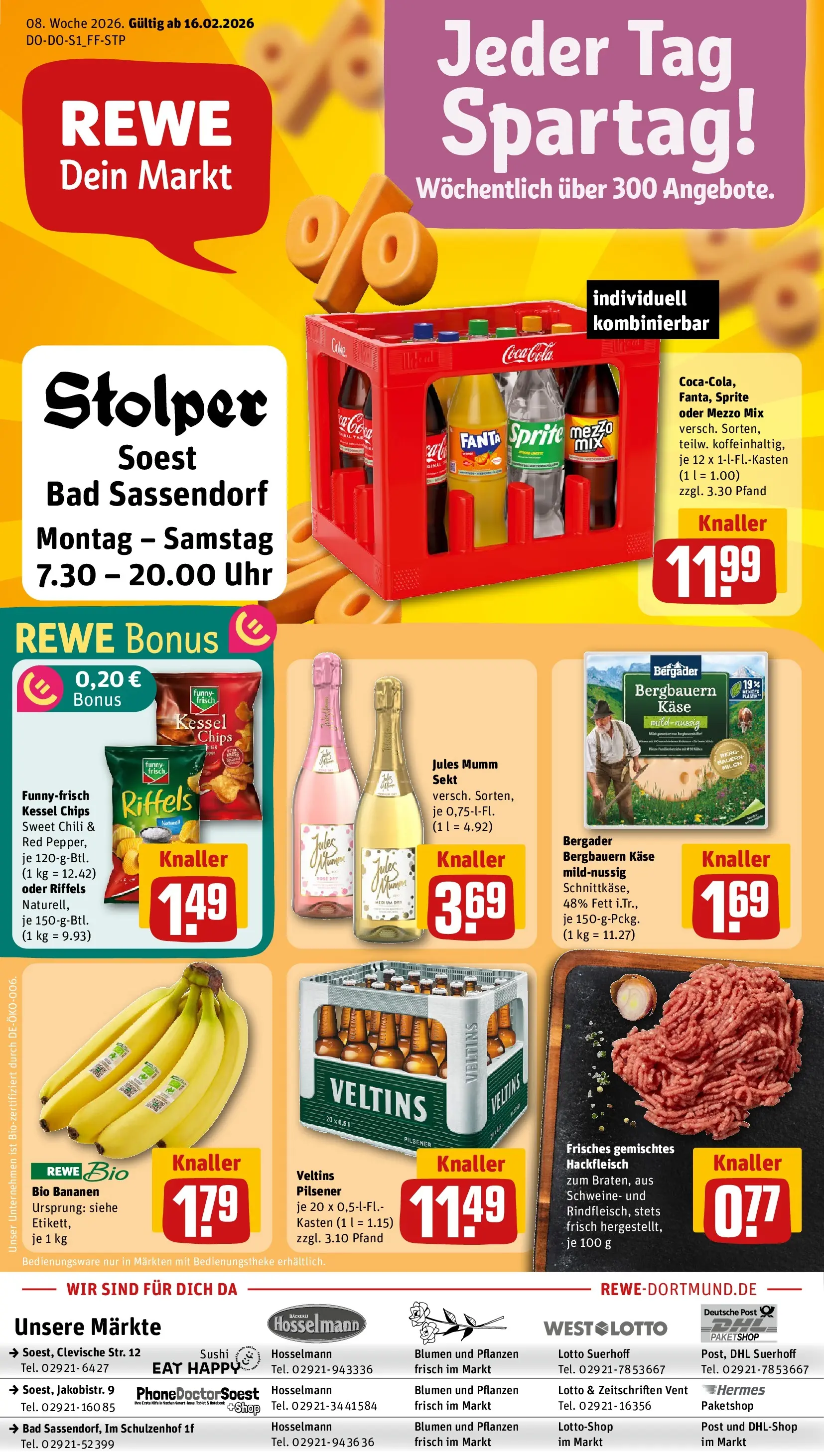 REWE Prospekt ab 16.02.2026 zum Blättern » Angebote | Seite: 1 | Produkte: Mezzo mix, Sprite, Milch, Bananen