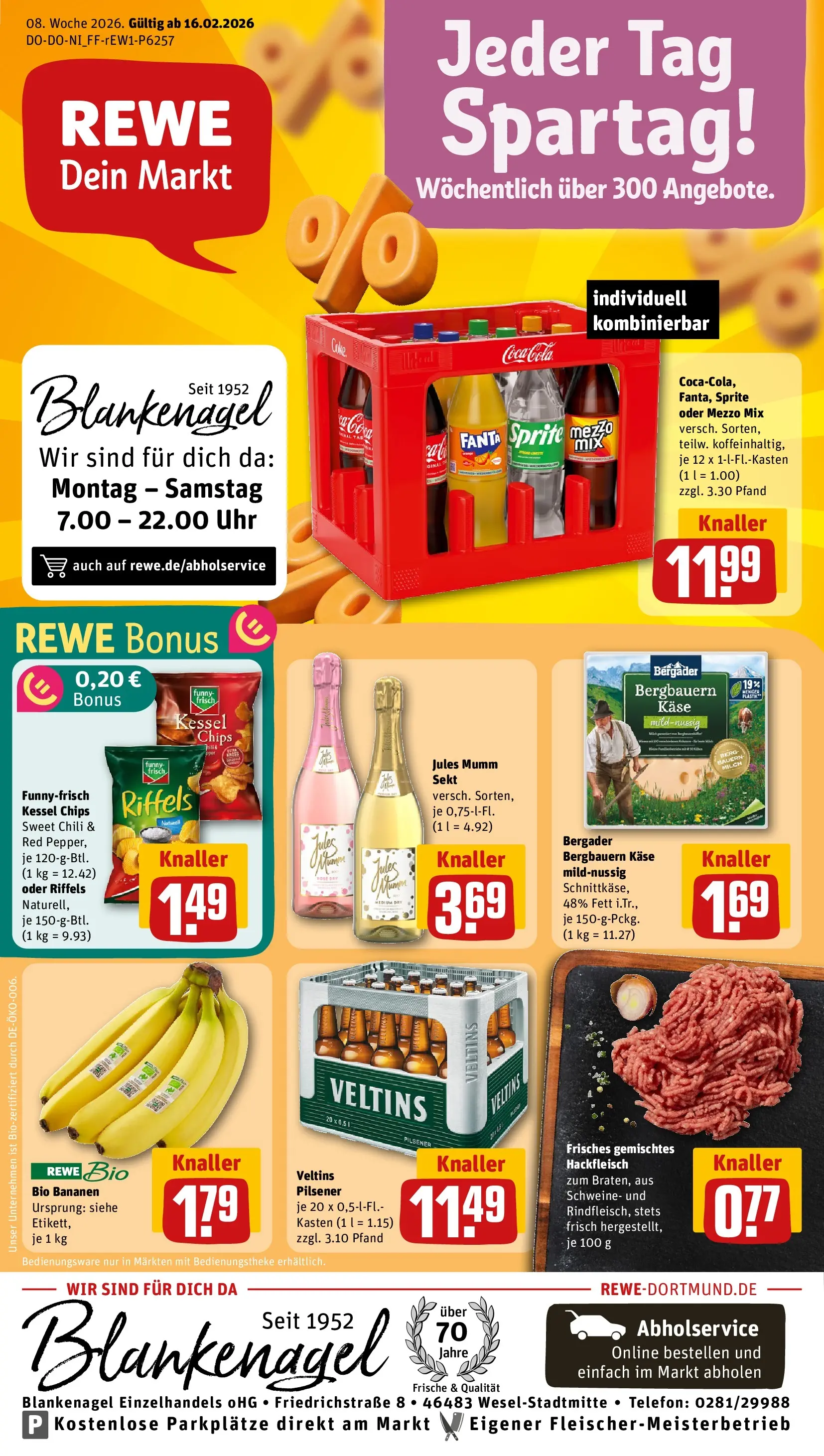 REWE Prospekt ab 16.02.2026 zum Blättern » Angebote | Seite: 2 | Produkte: Mezzo mix, Bananen, Veltins, Hackfleisch