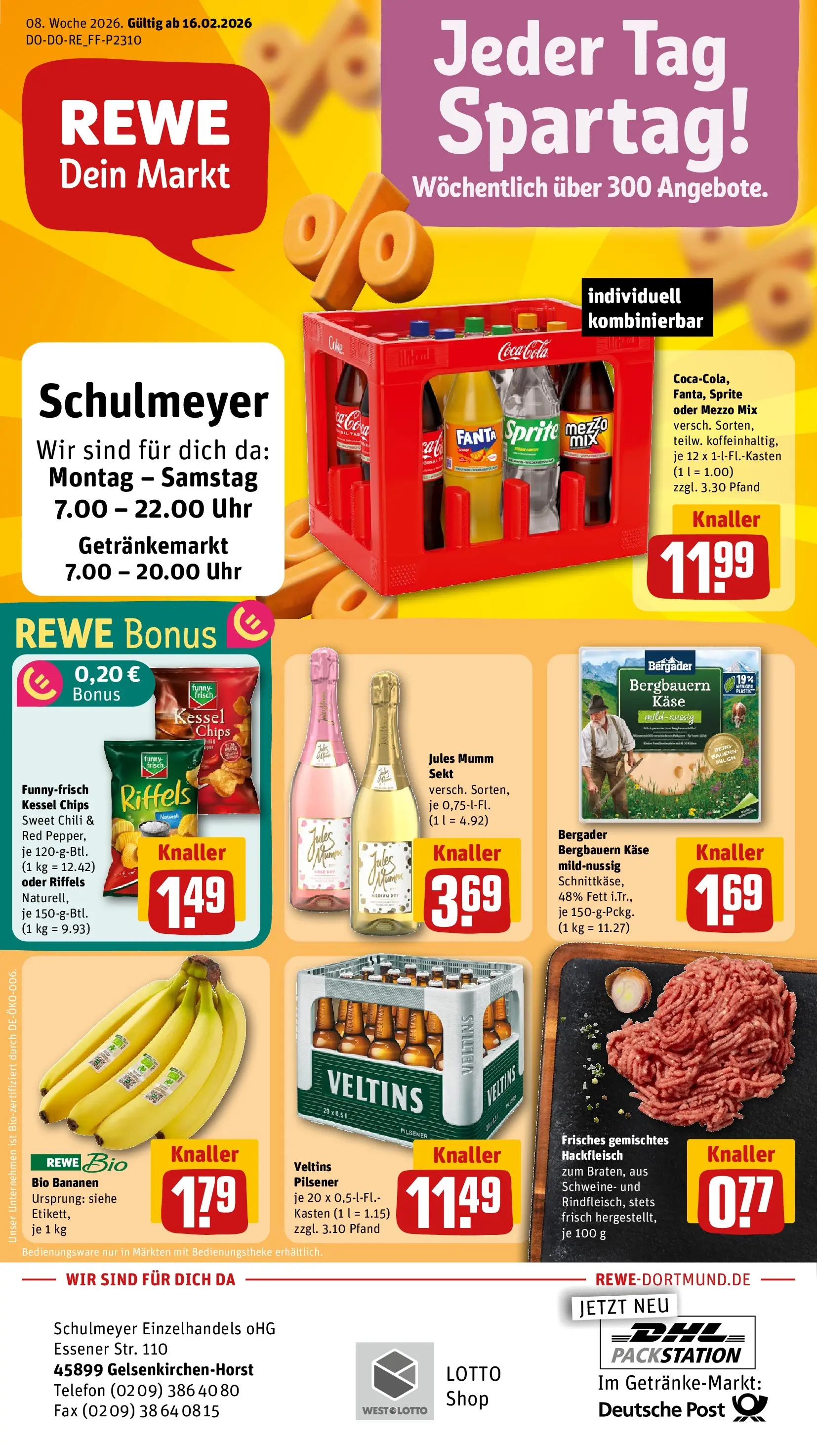 REWE Prospekt ab 16.02.2026 zum Blättern » Angebote | Seite: 1 | Produkte: Sekt, Bananen, Oder mezzo mix, Uhr