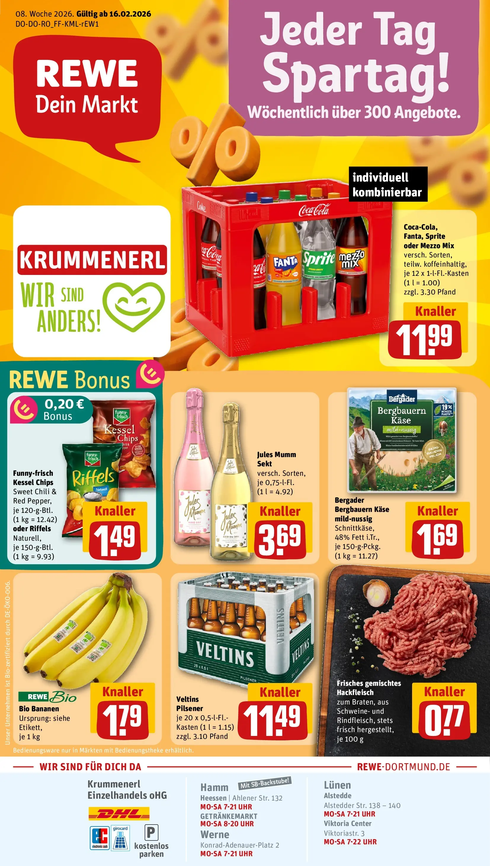 REWE Prospekt ab 16.02.2026 zum Blättern » Angebote | Seite: 1 | Produkte: Mezzo mix, Fanta, Funny frisch, Hackfleisch