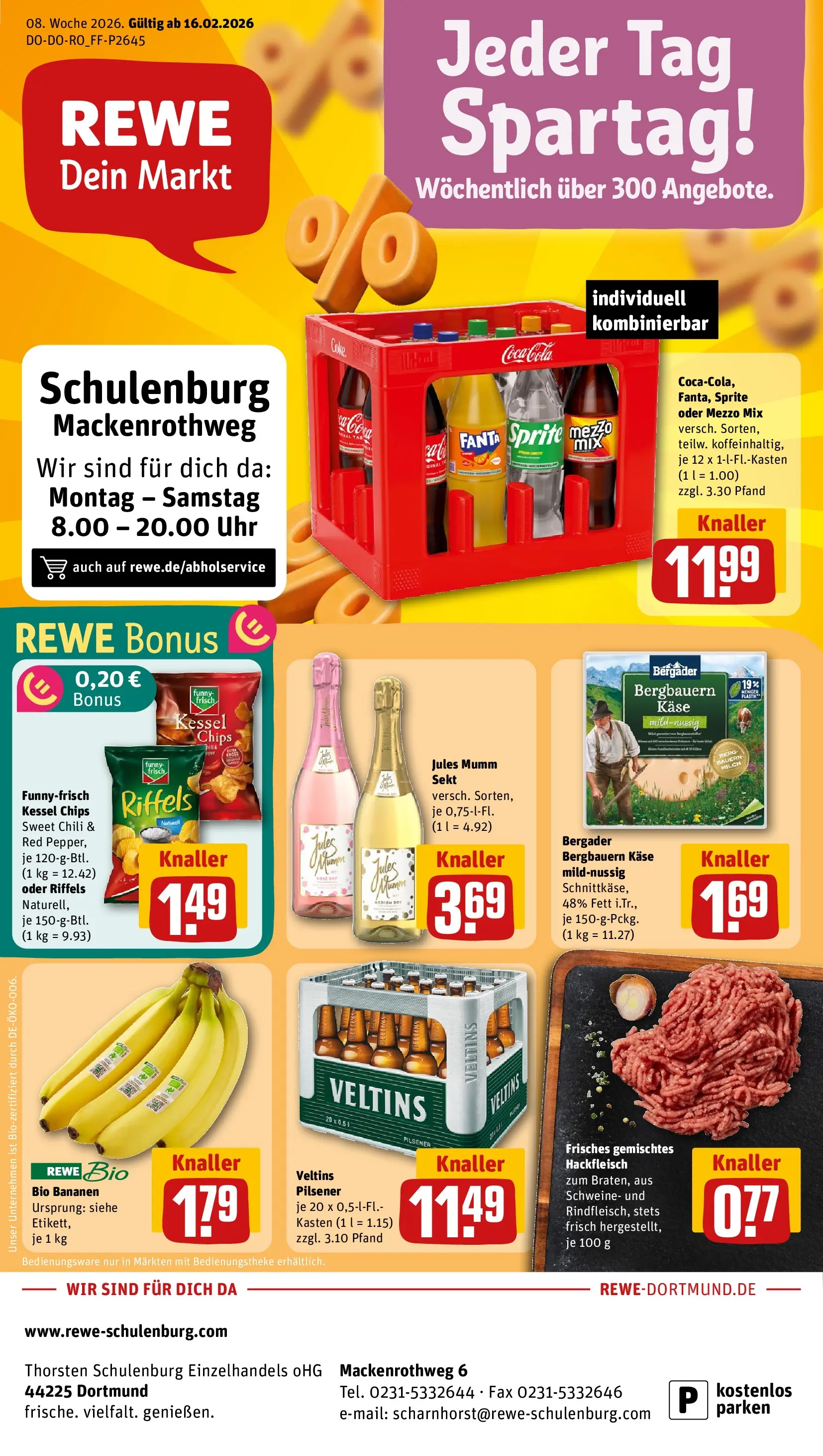 REWE Prospekt ab 16.02.2026 zum Blättern » Angebote | Seite: 1 | Produkte: Sekt, Funny frisch, Oder mezzo mix, Hackfleisch