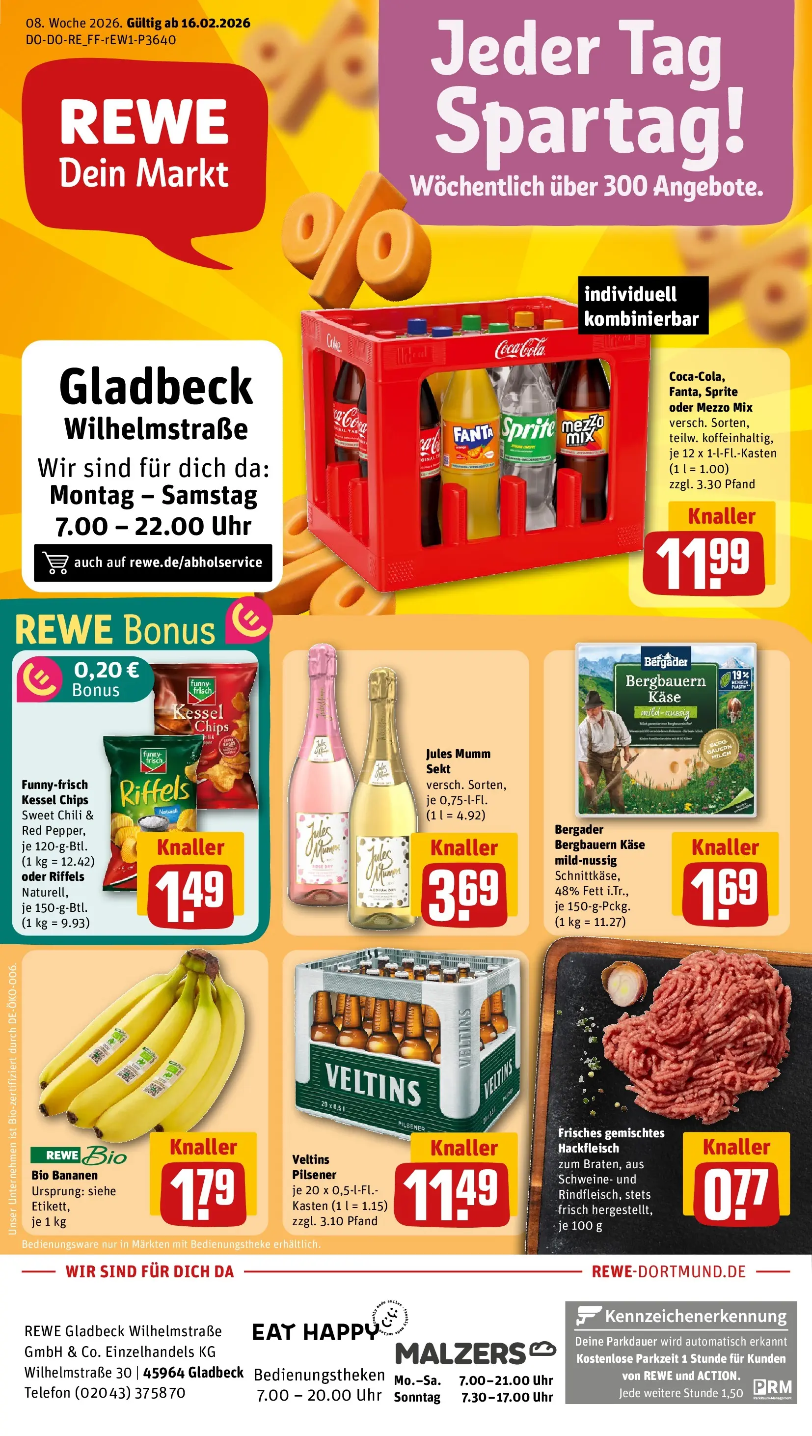 REWE Prospekt ab 16.02.2026 zum Blättern » Angebote | Seite: 1 | Produkte: Mezzo mix, Jules mumm, Chips, Uhr