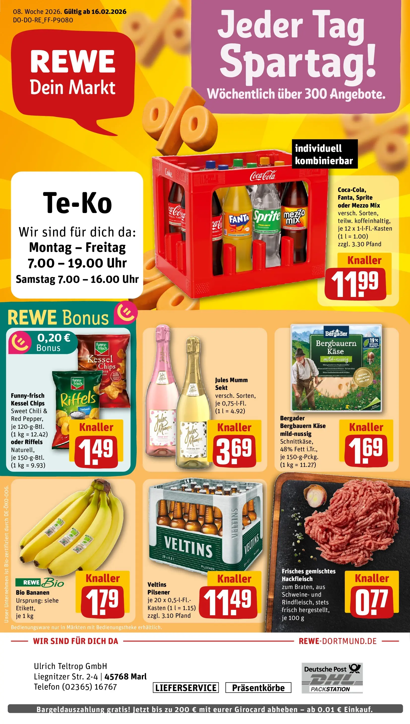 REWE Prospekt ab 16.02.2026 zum Blättern » Angebote | Seite: 1 | Produkte: Jules mumm, Telefon, Veltins, Hackfleisch