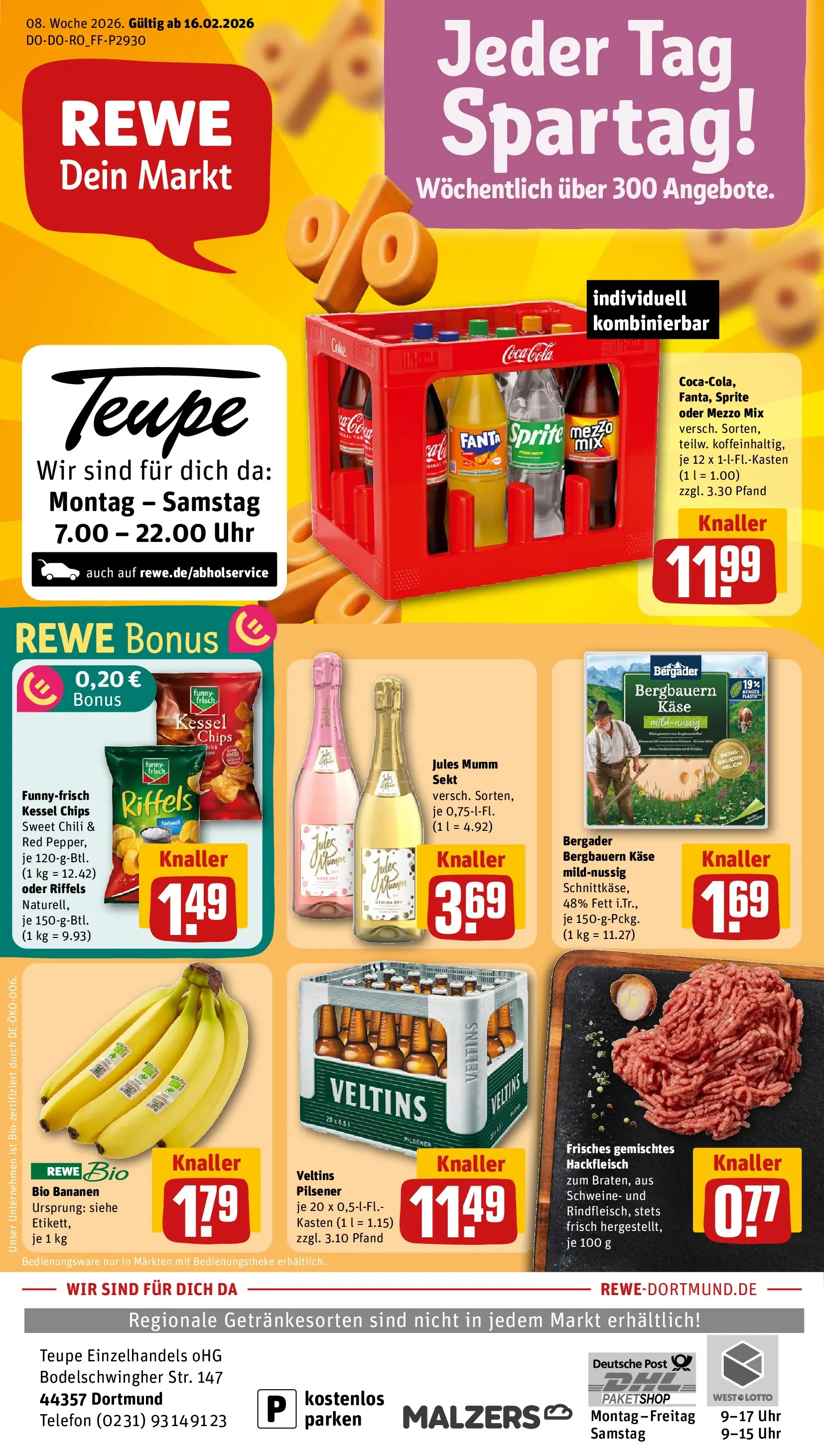 REWE Prospekt ab 16.02.2026 zum Blättern » Angebote | Seite: 1 | Produkte: Mezzo mix, Bananen, Oder mezzo mix, Hackfleisch