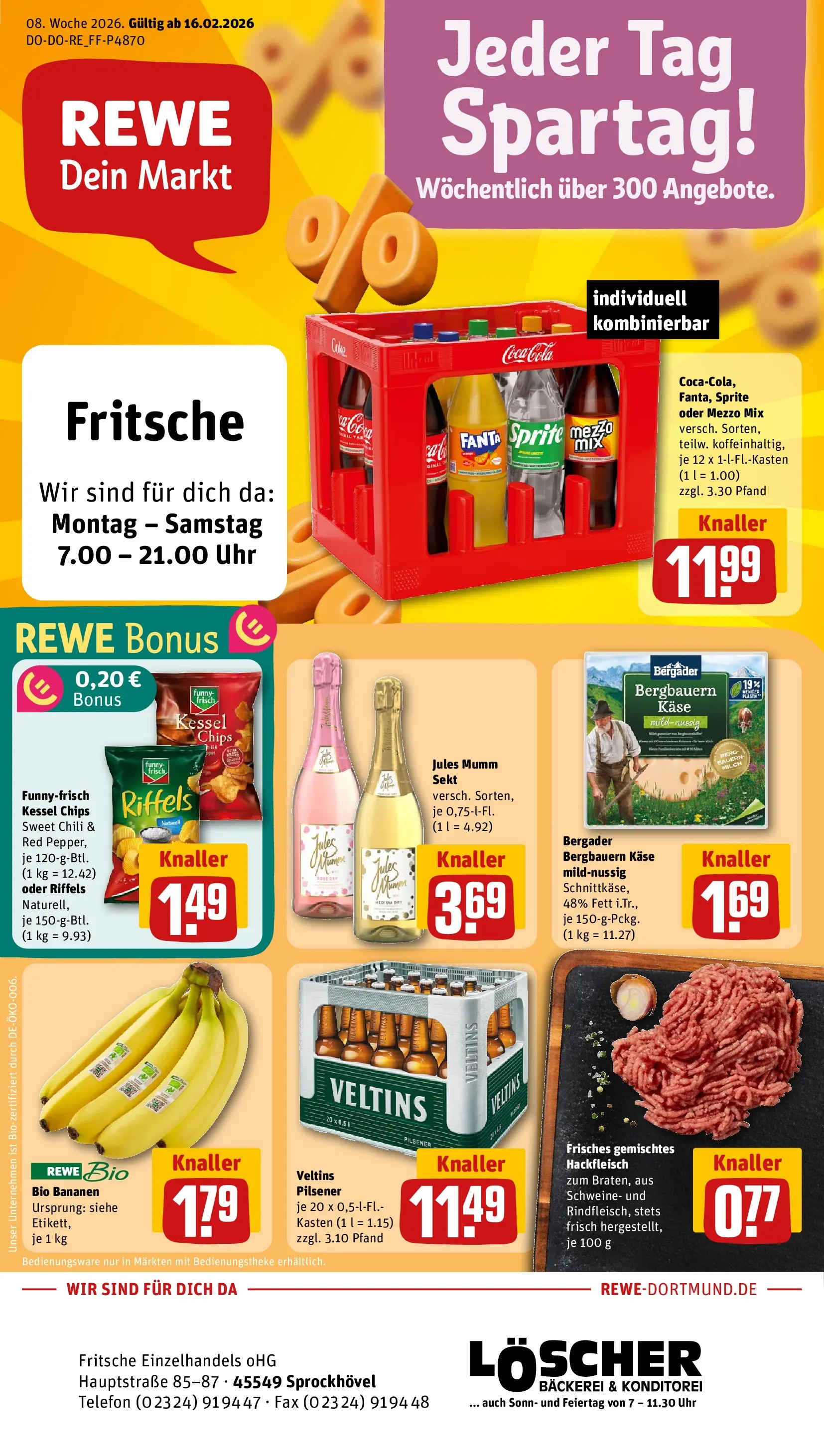 REWE Prospekt ab 16.02.2026 zum Blättern » Angebote | Seite: 1 | Produkte: Sprite, Milch, Chili, Telefon