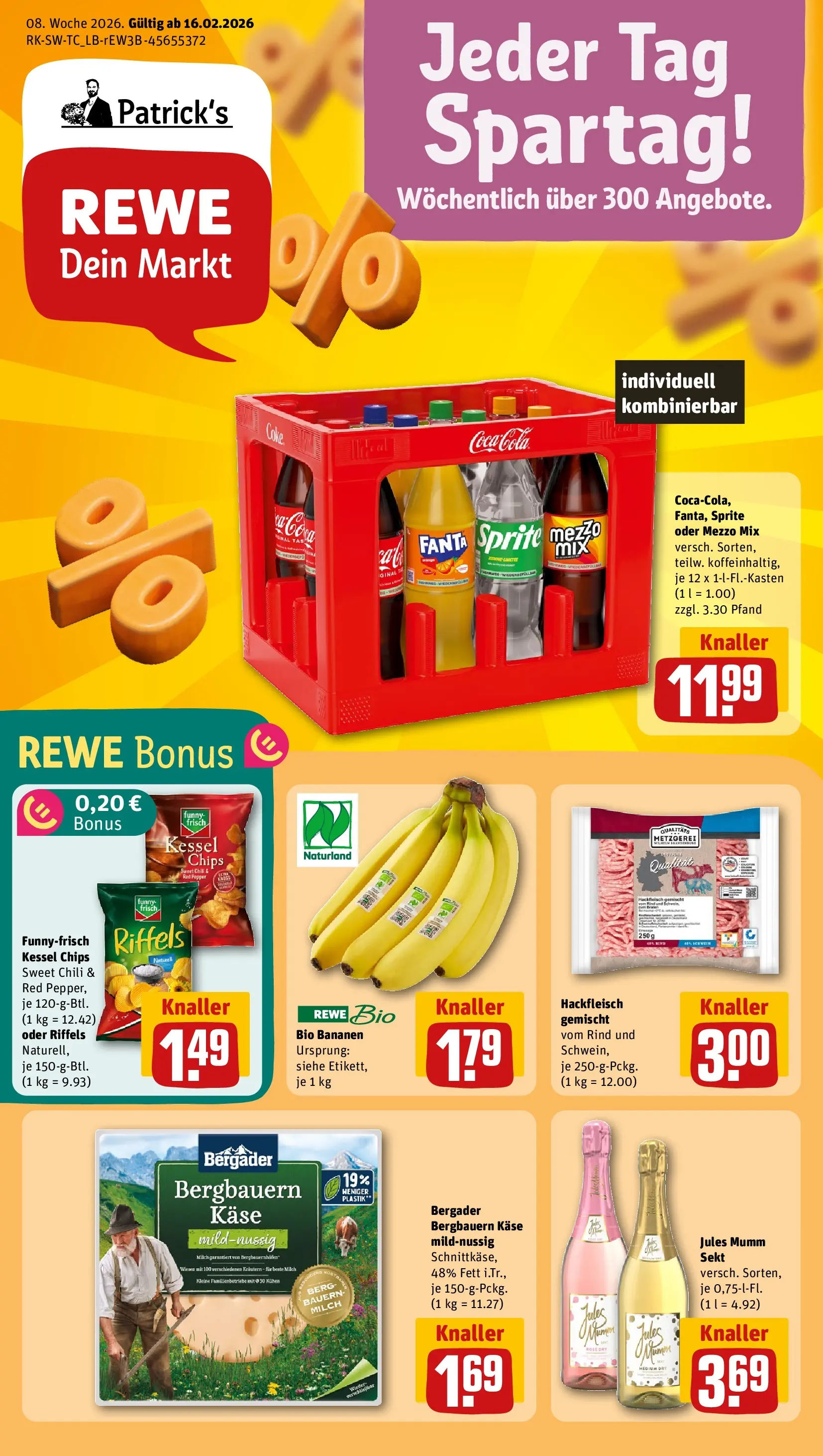 REWE Prospekt ab 16.02.2026 zum Blättern » Angebote | Seite: 1 | Produkte: Cola, Bananen, Jules mumm, Chili