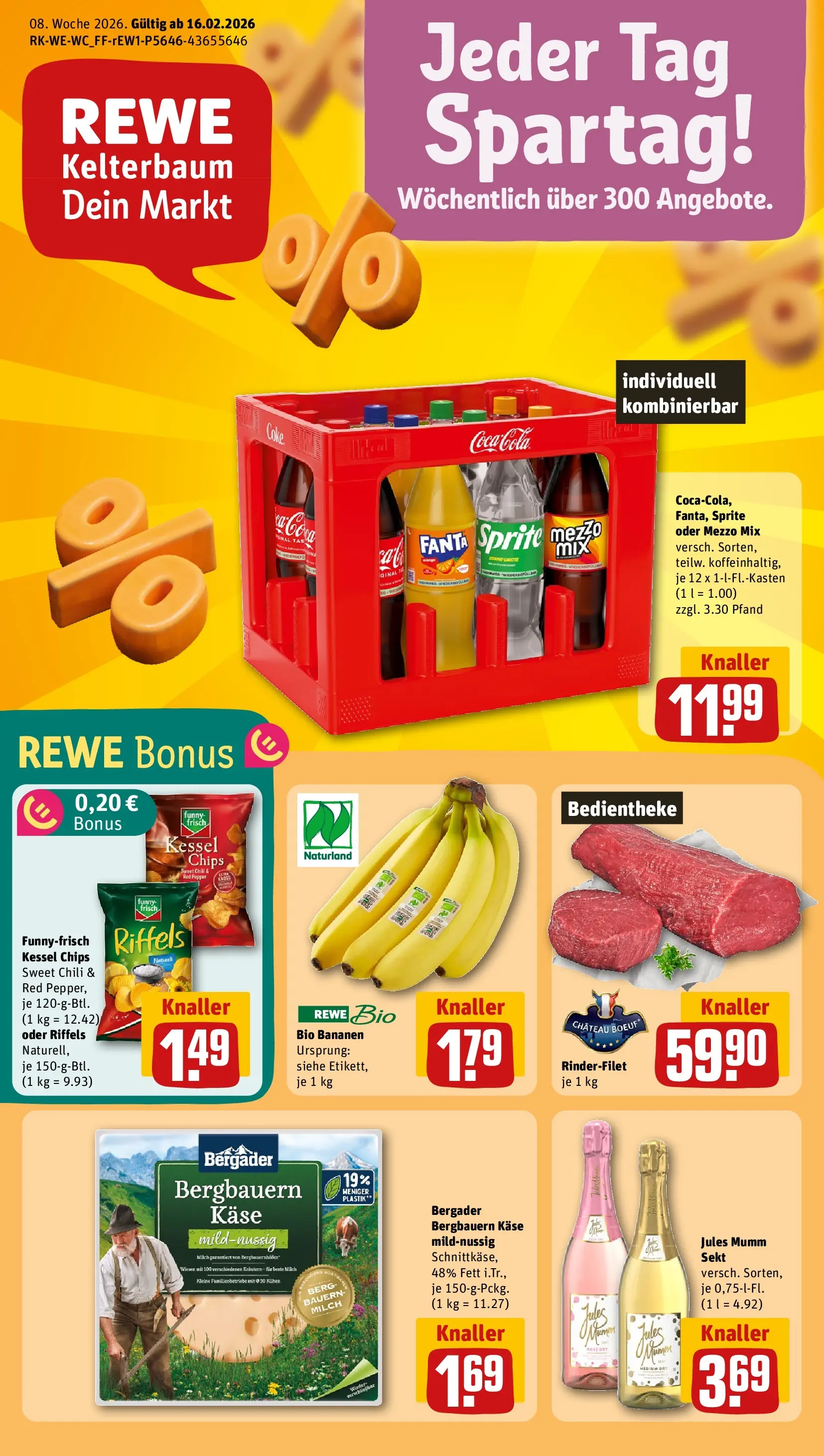 REWE Prospekt ab 16.02.2026 zum Blättern » Angebote | Seite: 1 | Produkte: Mumm sekt, Mezzo mix, Sekt, Chips