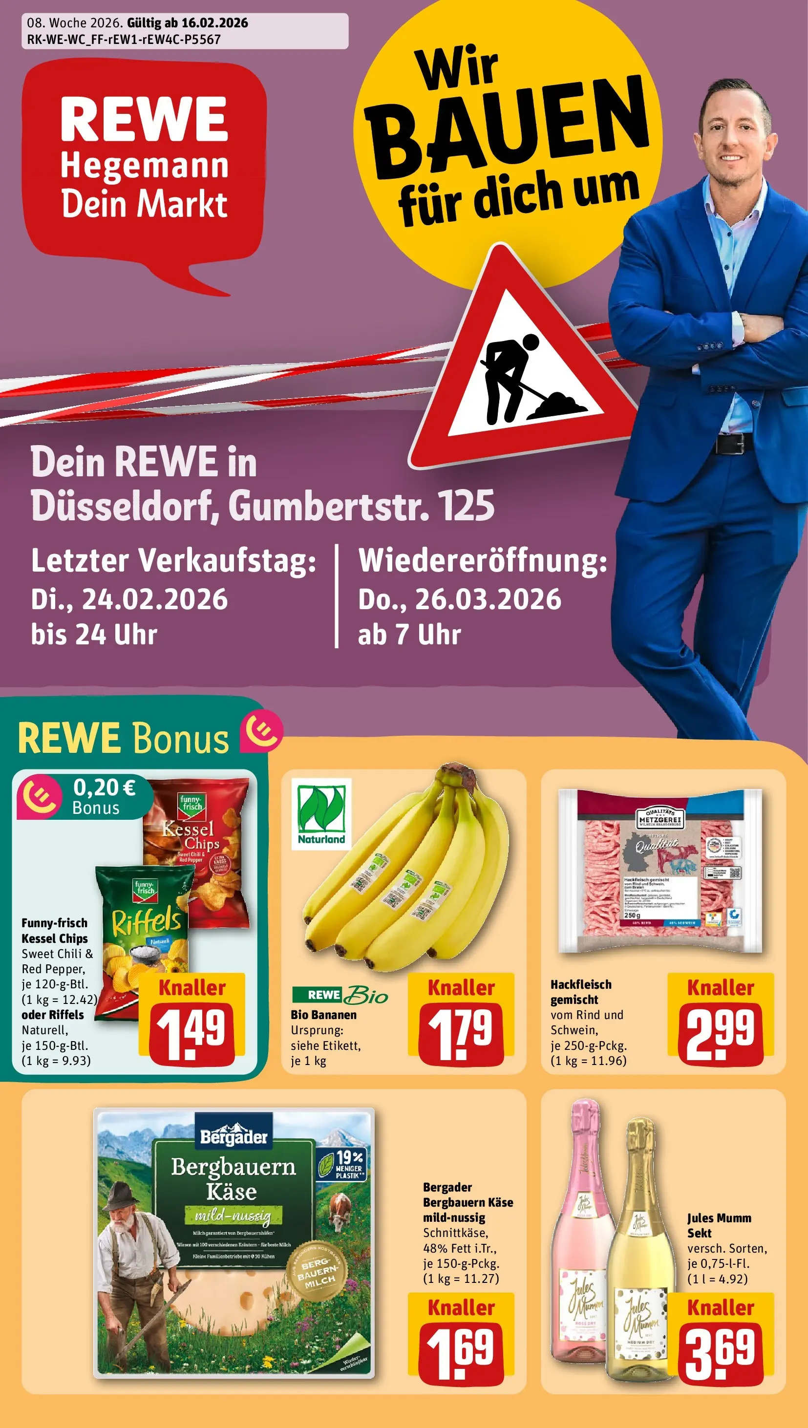 REWE Prospekt ab 16.02.2026 zum Blättern » Angebote | Seite: 1 | Produkte: Mumm sekt, Funny frisch, Jules mumm, Chips