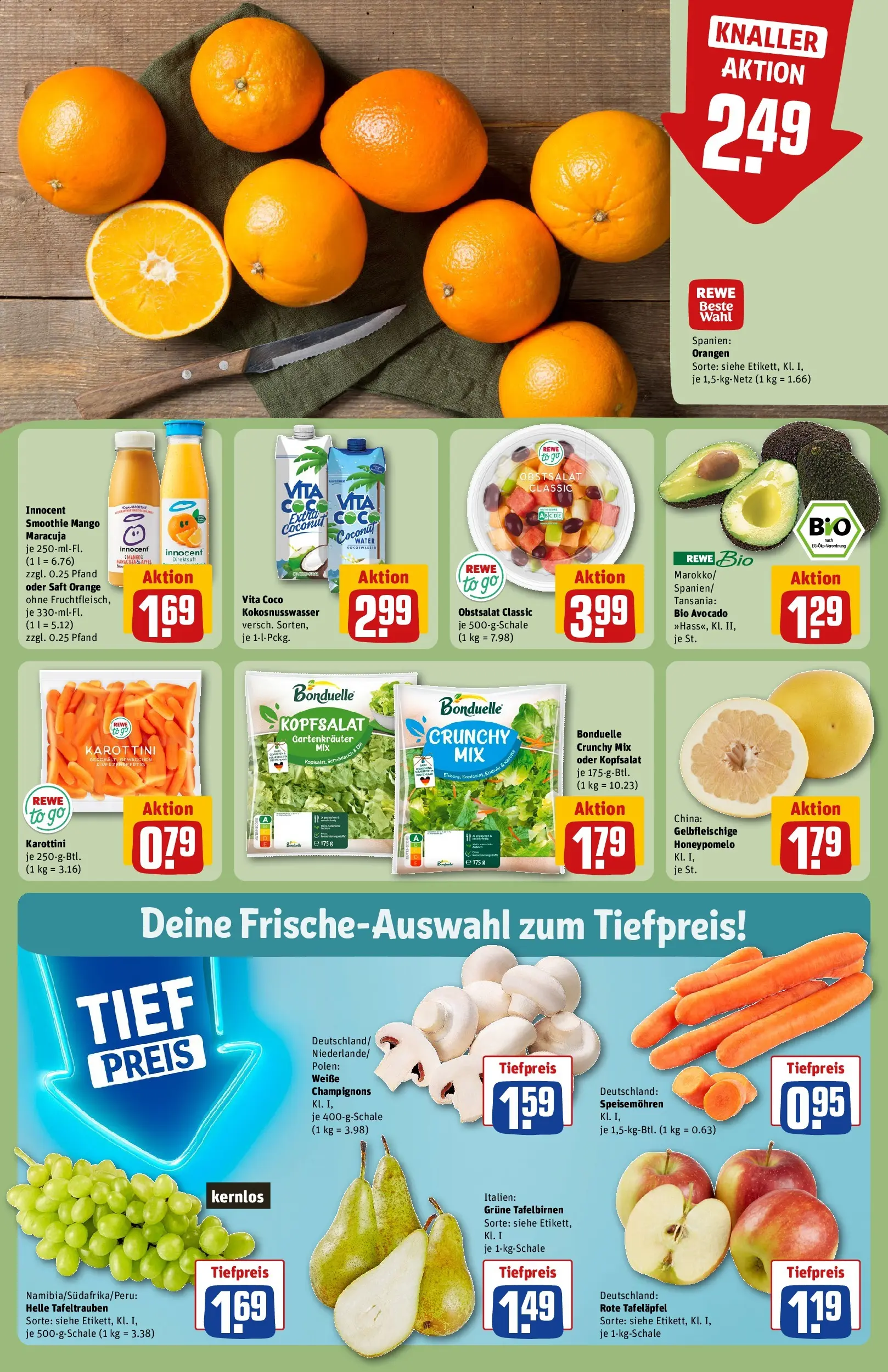 REWE Prospekt ab 16.02.2026 zum Blättern » Angebote | Seite: 10 | Produkte: Äpfel, Orangen, Champignons, Saft